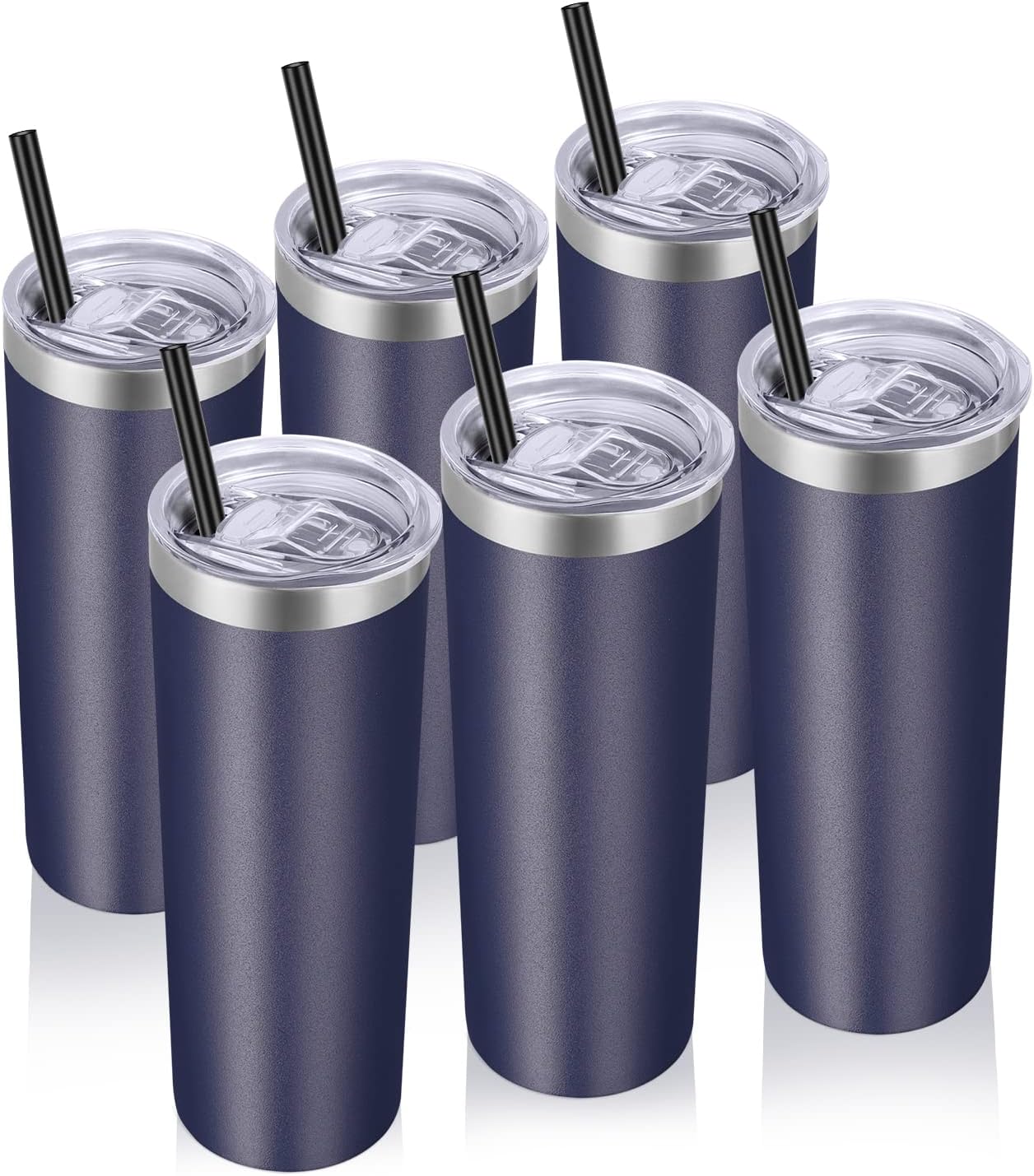 VEGOND Stainless Steel Tumblers Bulk 6 Pack, 20 oz Vacuum Insulated Skinny Tumblers with Lid and Straw, Double Wall Coffee Mug, Travel Water Cup, Navy Blue