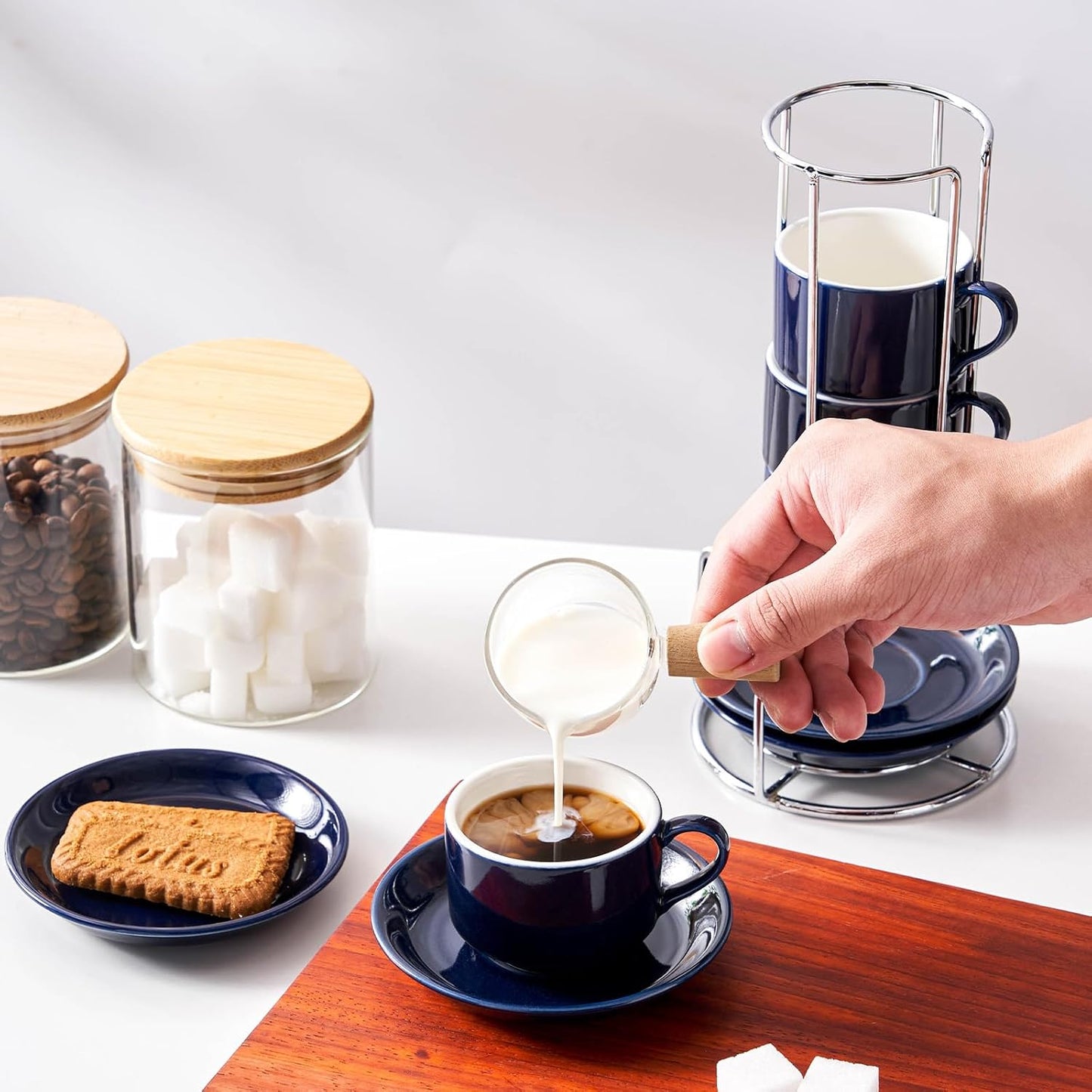 2.5 Ounce Porcelain Espresso Cups with Saucers and Silver Stand, Navy Stackable Cups Set of 4