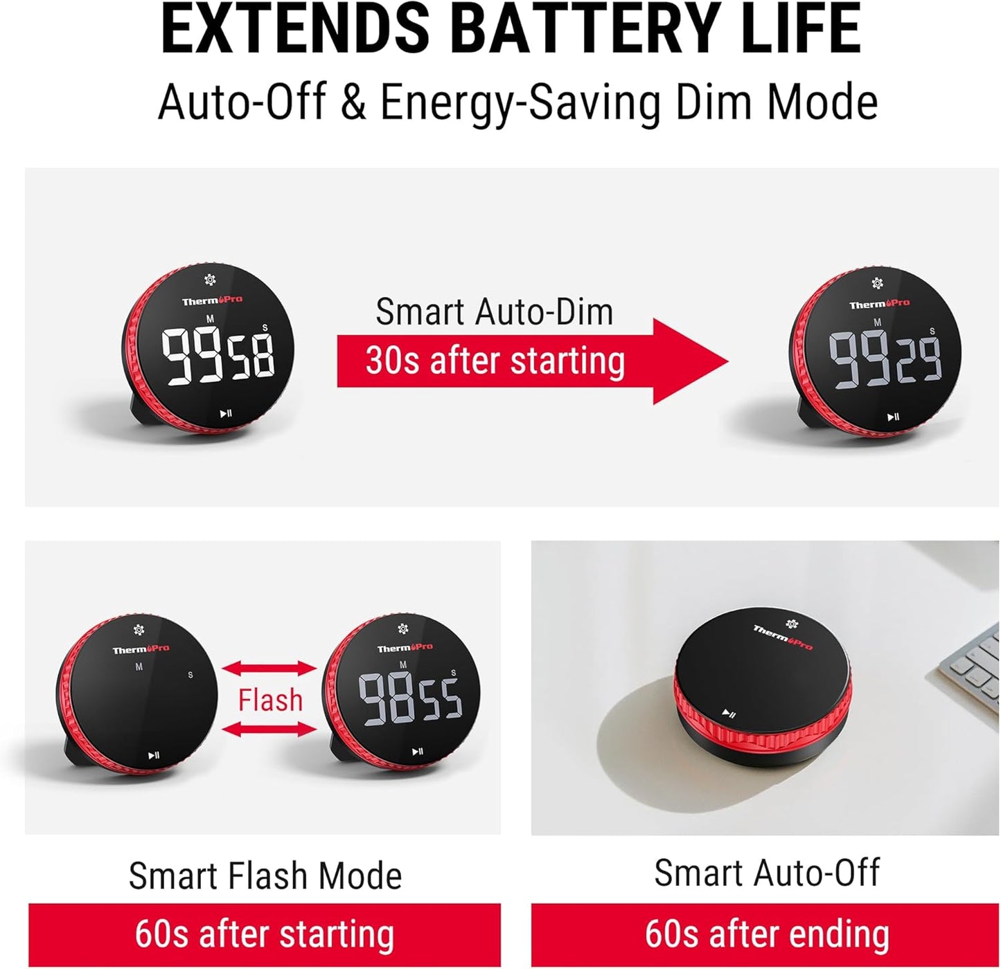 ThermoPro 99-Hour Digital Kitchen Timer with Strong Magnetic & Stable Stand, Classroom Timers with 3-Volume-Level, Stopwatch/Timer with Large LED Display, Digital Timers for Classroom, Office & Gym