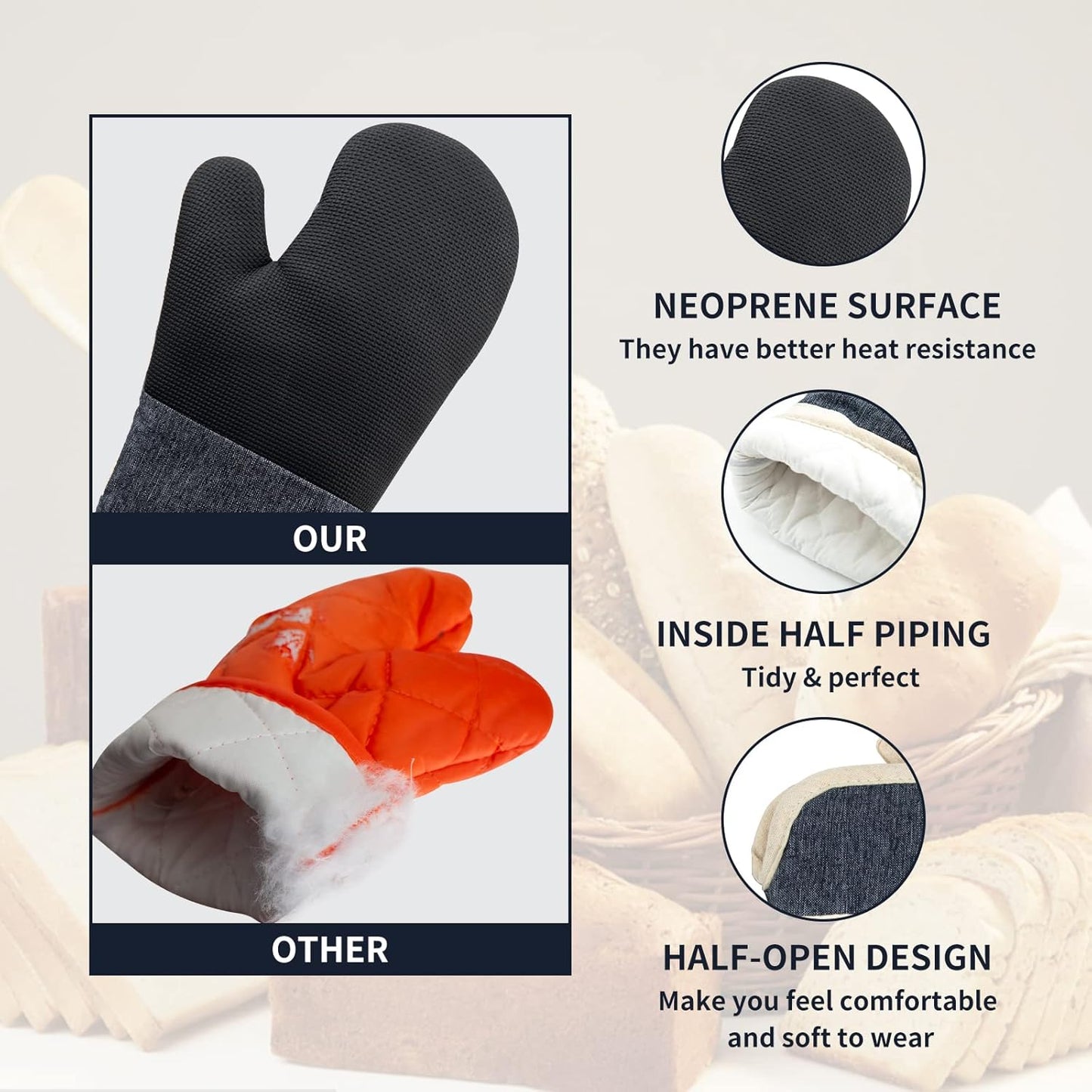 Oven Mitts and PotHolders Sets, 4 Pcs Kitchen Oven Glove High Heat Resistant 400°F Pot Holders for Kitchen, Non-Slip Neoprene Oven Mitts are Suitable for Cooking, Baking (Black)