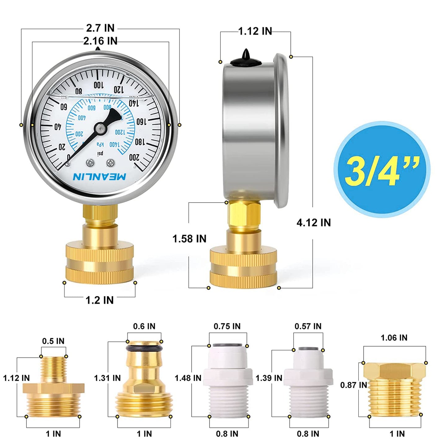 MEANLIN MEASURE 0~200Psi Stainless Steel Frame 3/4" Female Liquid Filled Pressure Gauge kit Plus 5 adapters, 2.5" FACE DIAL Multi-Purpose Pressure Gauge kit, Suitable for Gardens, Water Pipes, etc