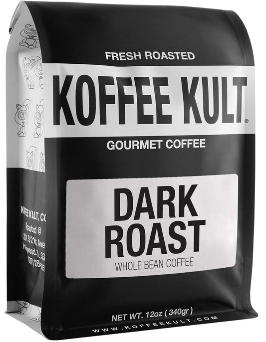 Koffee Kult Dark Roast Coffee Beans - Rich & Bold with Chocolate & Cinnamon Notes, Smooth Finish 100% Arabica, Ethically Sourced Resealable 12oz package