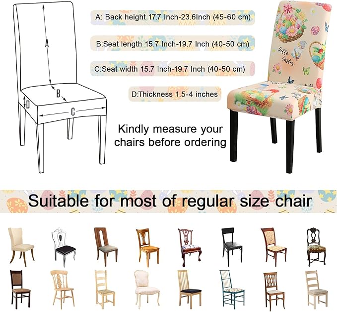 JQinHome Easter Chair Covers Set of 6,High Stretch Removable Washable Chair Seat Protector Cover for Easter Decoration-Easter Theme Decor with Easter Egg Basket