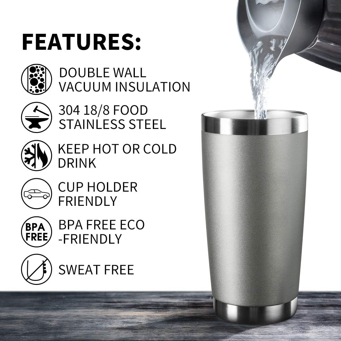 20oz Tumbler Bulk Stainless Steel Vacuum Insulated Tumblers with Lid Double Wall Travel Mug Durable Powder Coated Coffee Cup, Suitable for Ice Drinks and Hot Beverage (Gray 1pack)