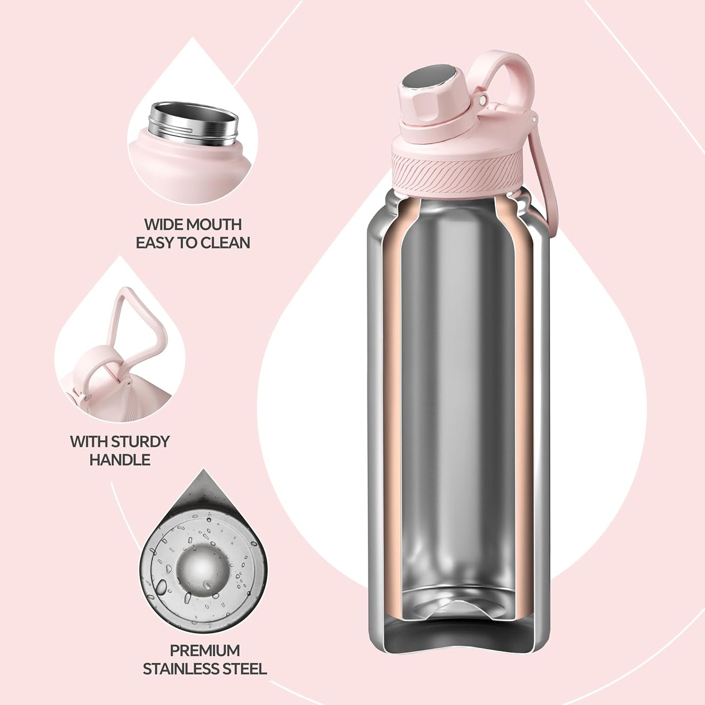 IDEUS Insulated Stainless Steel Water Bottle with 2 Leak-Proof Lids, Thermal Water Flask for Hiking Biking, 40oz, Light Pink