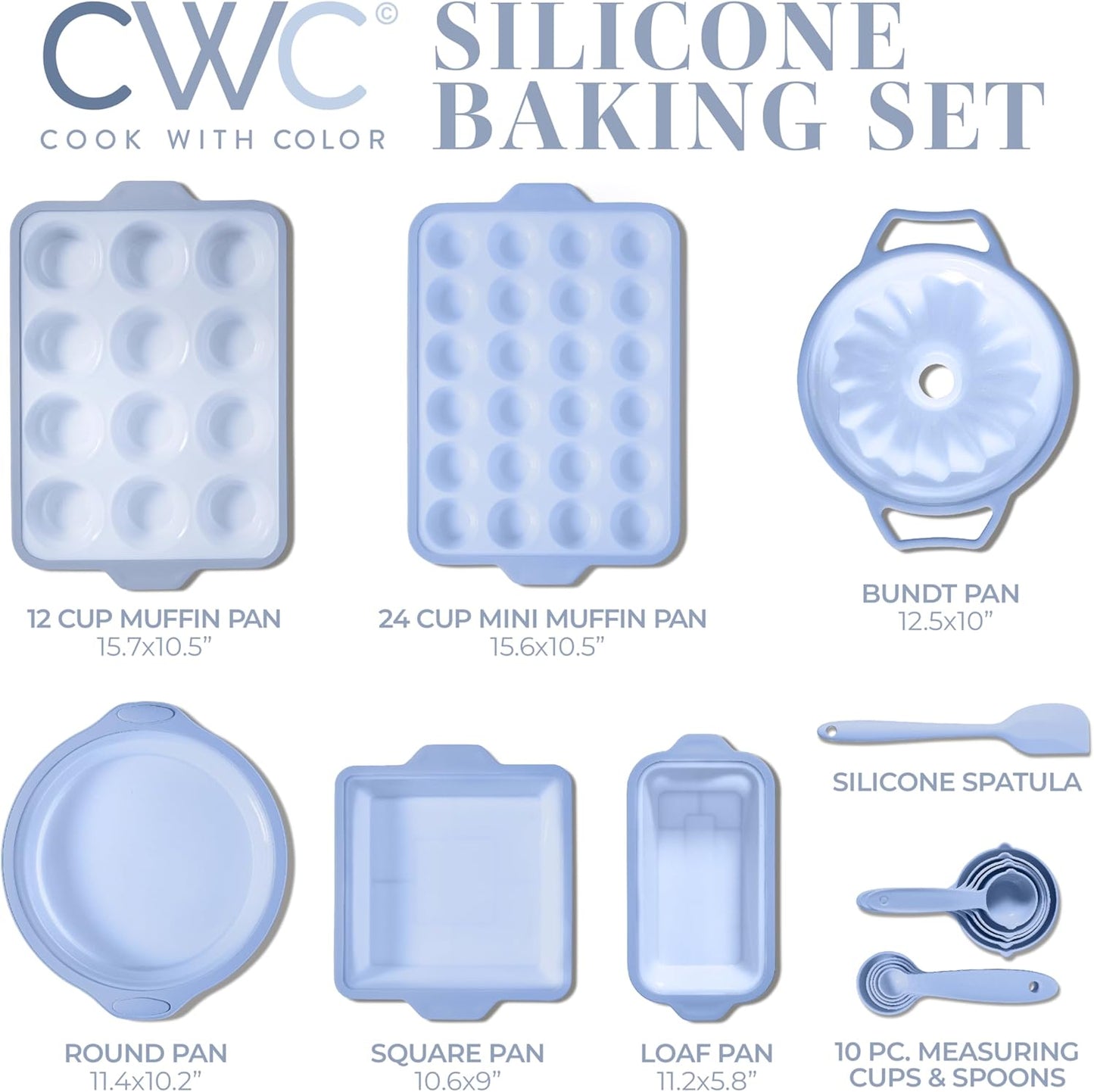 COOK WITH COLOR 17 Pc. Silicone Baking Pan Set - Non-Stick & Easy Clean Silicone Muffin Pans for Baking with Sturdy Metal Frame for Stability, Flexible Cake Molds, Includes Measuring Cups and Spoons