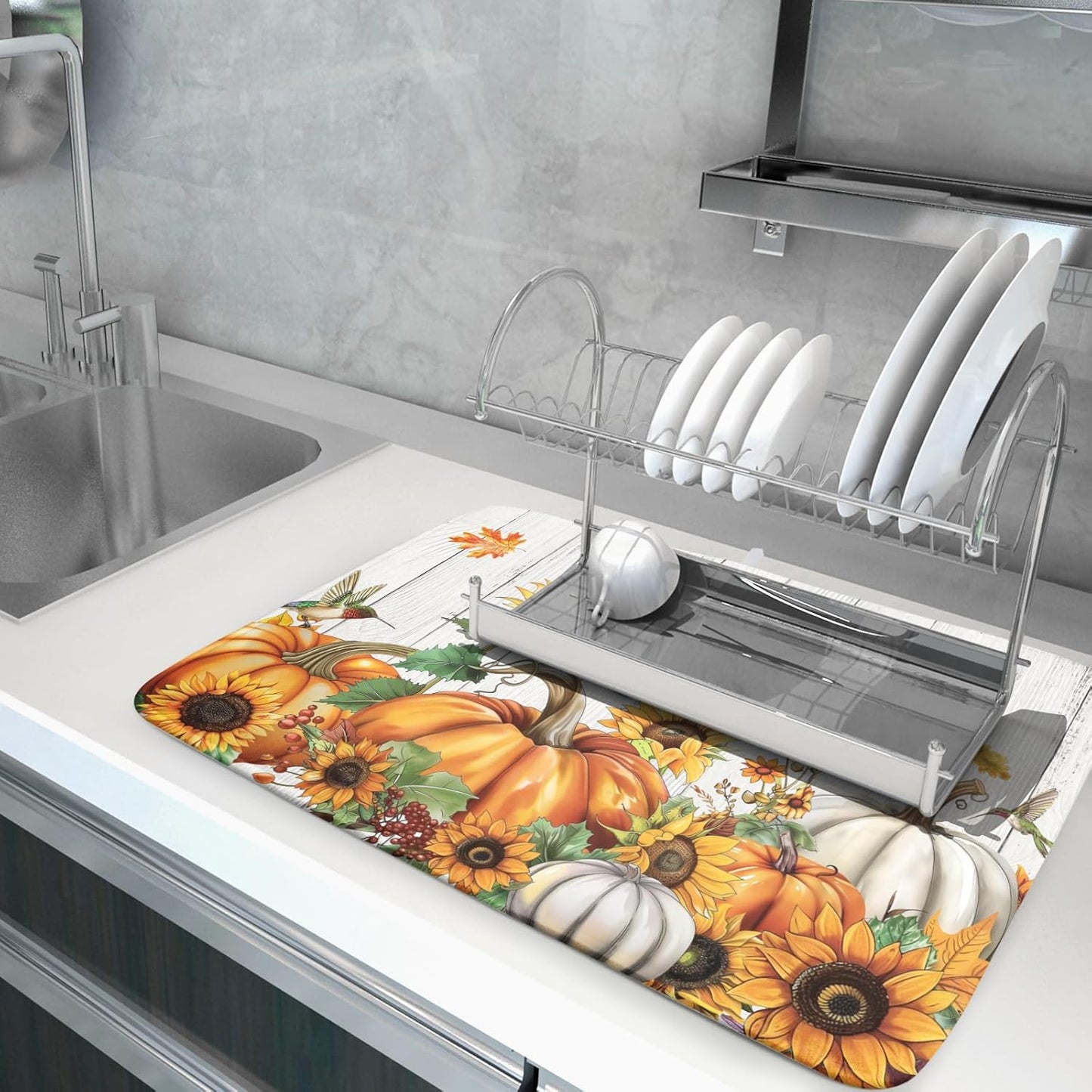 Fall Sunflower Maple Leaves Dish Drying Mat for Kitchen Counter Autumn Harvest Pumpkin Dish Drying Mat 16”x18” Thanksgiving Dishes Pad Dish Drainer Rack Mats Absorbent Fast Dry Kitchen Accessories