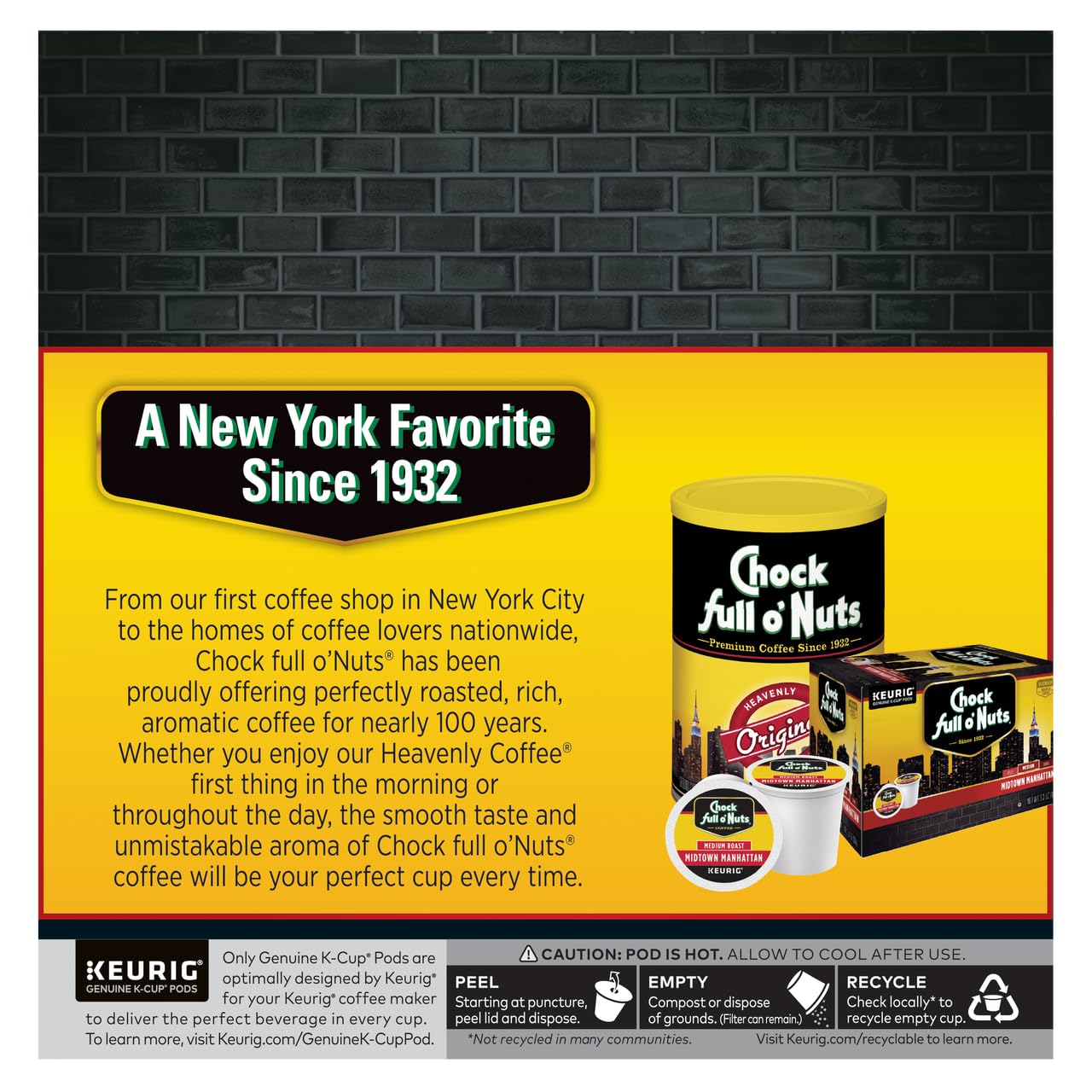 Chock Full o'Nuts Original Coffee, Compatible with K-Cup Pods, 32 CT (Pack of 3)