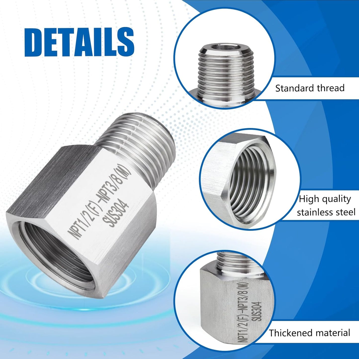 2 pieces Npt1/2 Female to Npt3/8 Male Reducer,Water pipe Adapter, Fabricate of 304 Stainless Steel