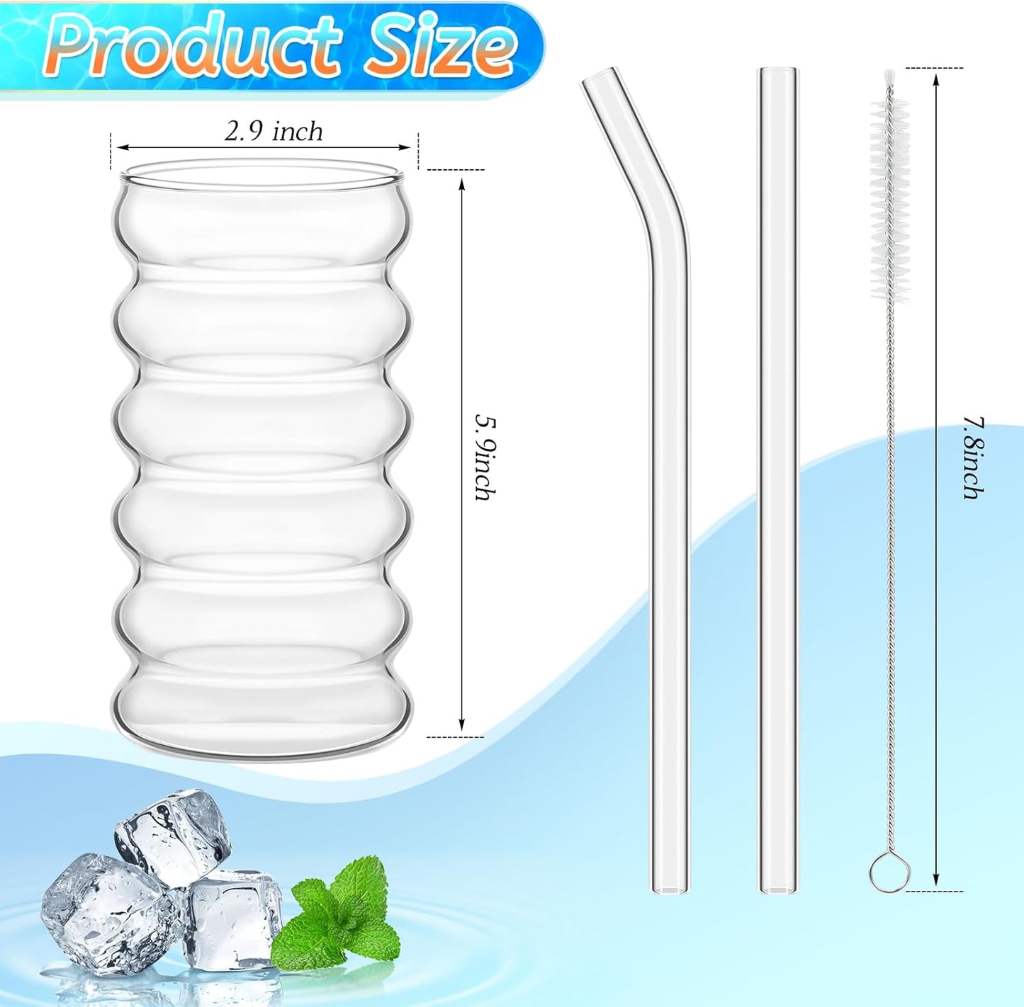 Tessco for you 4 Pcs Creative Glass Cups Vintage Drinking Glasses Ribbed Glassware Aesthetic Cup Entertainment Dinnerware Glassware with Straws Set for Kitchen Coffee Beverage(16 oz,Clear)