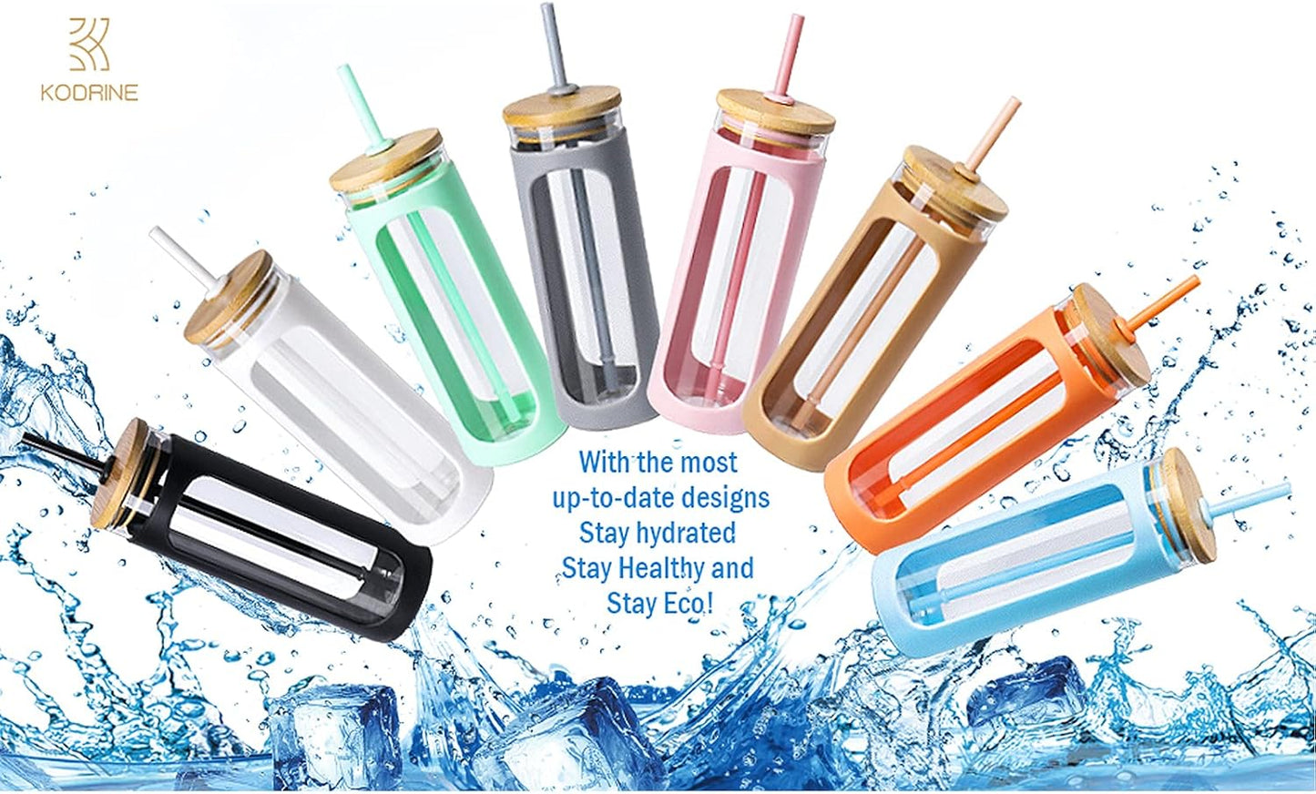 Kodrine 20oz Glass Tumbler with Straw and Lid, Bamboo Lids Water Bottle, Reusable Iced Coffee Cups, Wide Mouth Smoothie Cup with Protective Silicone Sleeve BPA FREE-Purple-2pack