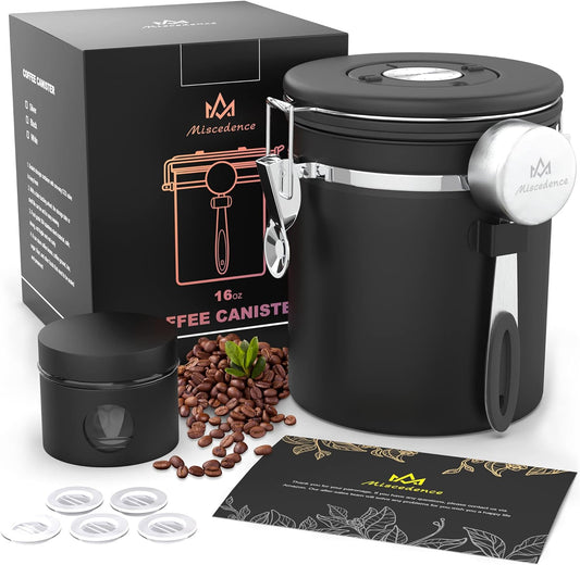 Coffee canister set for ground coffee with Date Tracker,Co2 Valve,Travel jar,Stainless Steel Kitchen Food Airtight storage container for Coffee Beans or Grounds,Tea,Sugar (16oz-Black)