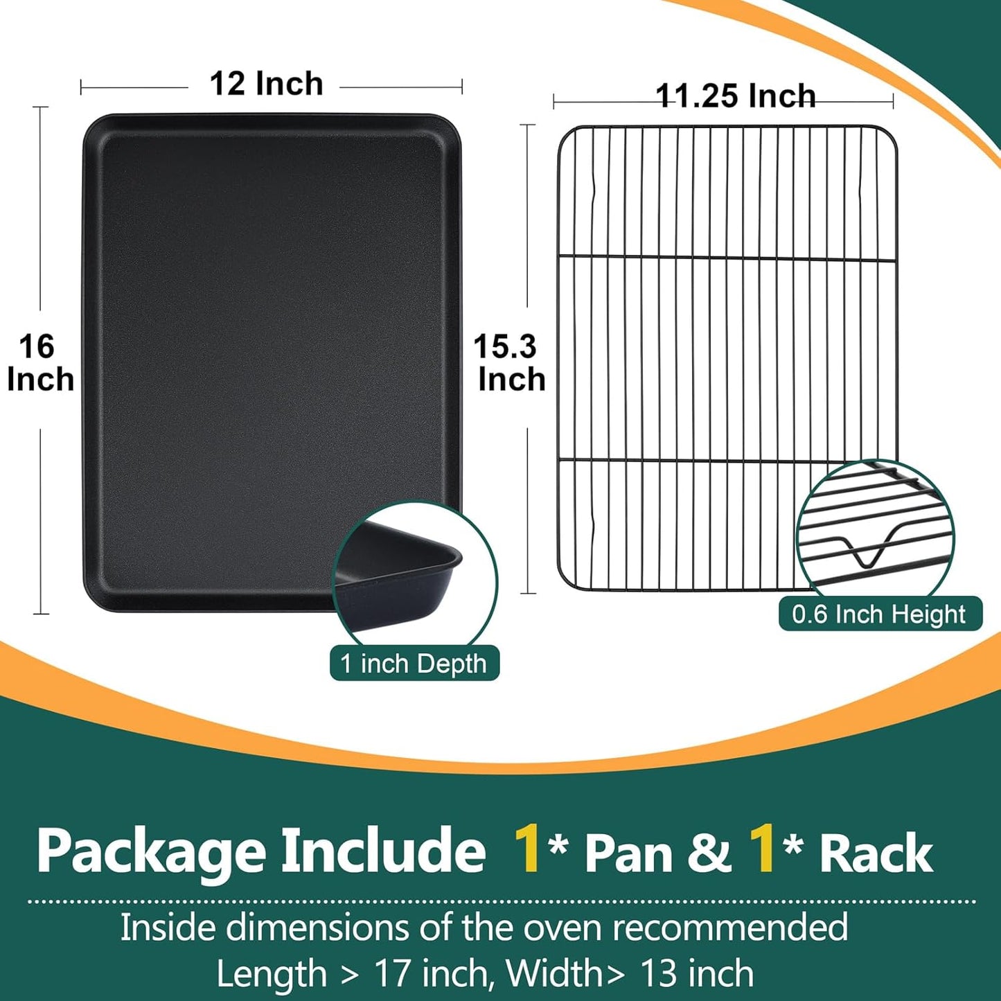 P&P CHEF Baking Oven Sheet Pan with Rack for Cookie, Nonstick Oven Tray and Cooling Rack for Baking & Roasting, Easy Clean, Black, 16 x 12 Inch