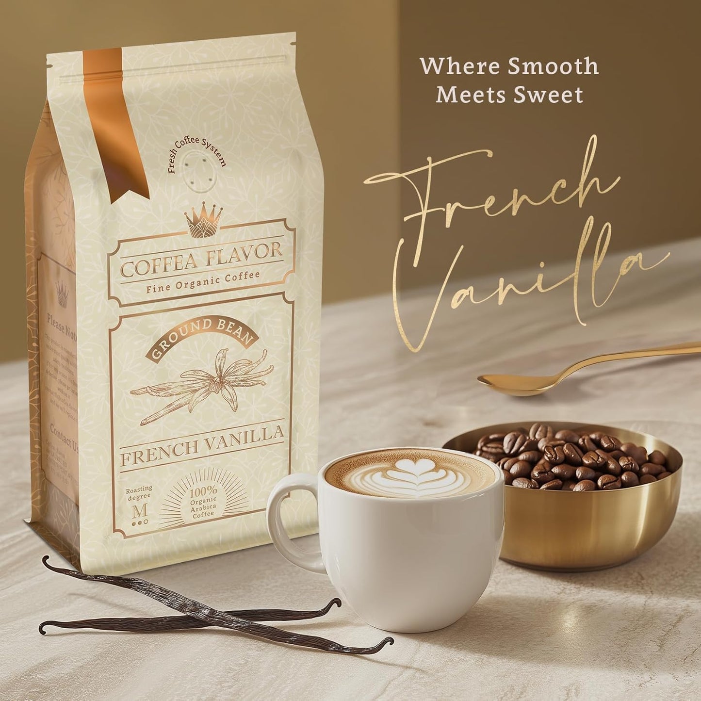 French Vanilla Flavored Whole Bean Coffee – 100% Arabica, Single Origin, Medium Roast, USDA Organic, No Sugar Added, Naturally Sweetened – by Coffea Flavor