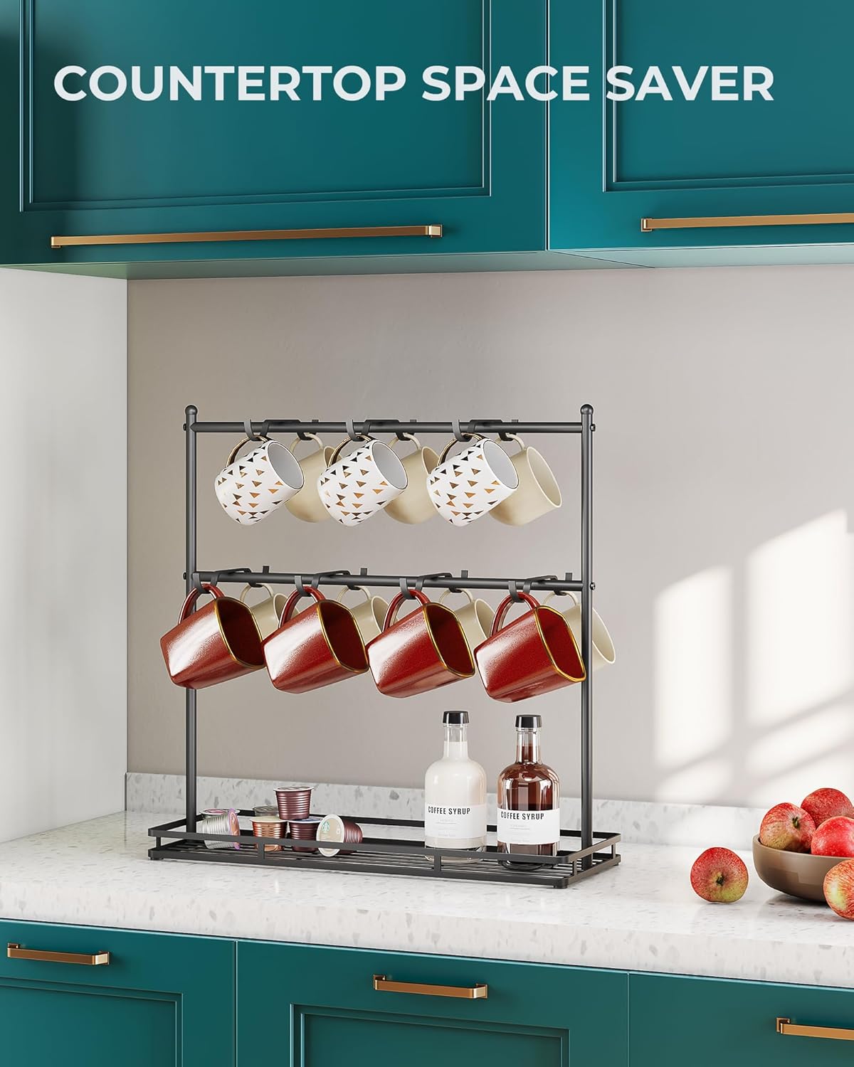 OROPY Coffee Mug Holder for Countertop, 14-Hook Mug Tree Rack for 14 Cups, 2 Tier Mug Display Stand with Heavy Duty Metal Base