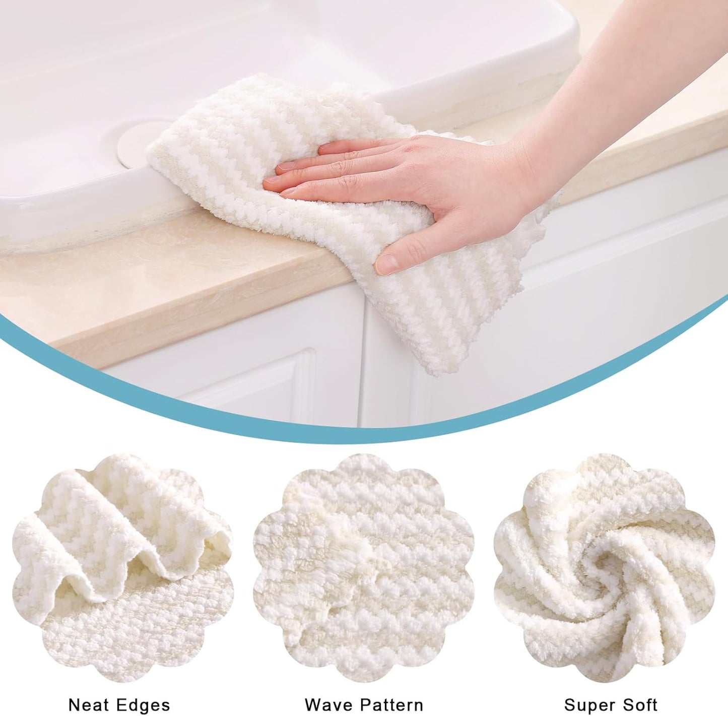 Homaxy Kitchen Towels(12 Pack, 10 x 20 inches), Ultra Soft and Absorbent Dish Towels, Reusable Fast Drying Microfiber Cleaning Cloth, Coral Velvet Wave Design No-lint, Beige