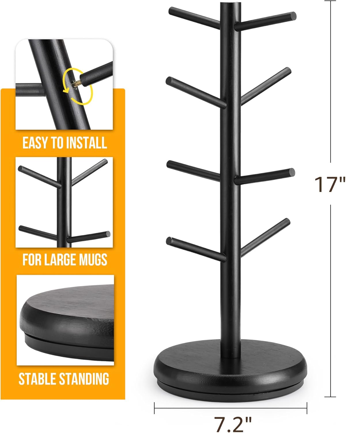 Lorbro Coffee Mug Tree, 360° Rotated Mug Holder with 8 Hooks, Wooden Coffee Cup Holder Rack Stand Accessories for Countertop Kitchen Decor Organizer