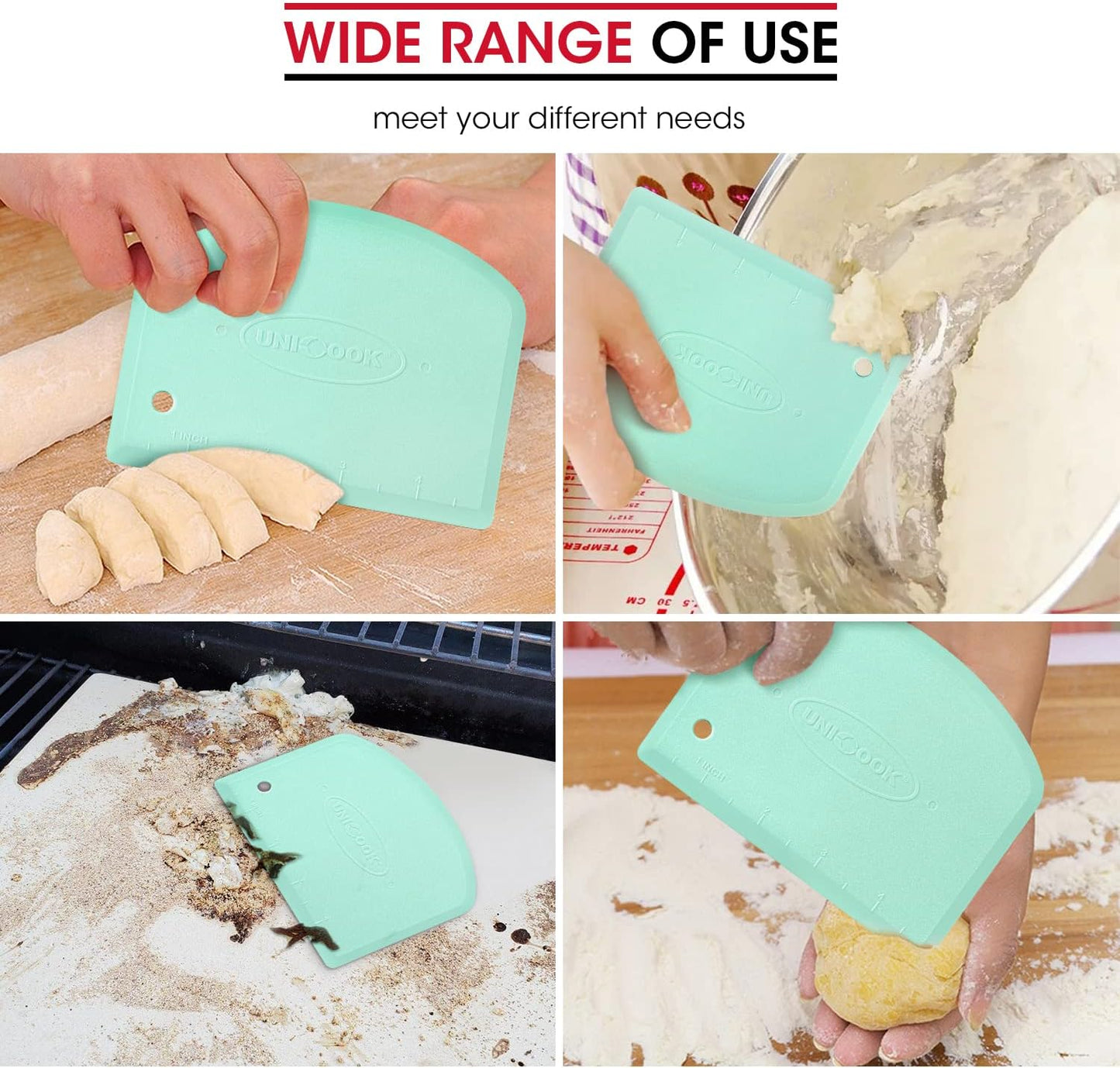 Unicook Dough Scraper Cutter, Flexible Plastic Bench Scraper for Baking Pizza/Pastry/Cake, Multipurpose Baking Tools with Measuring Scale, 2 Pack