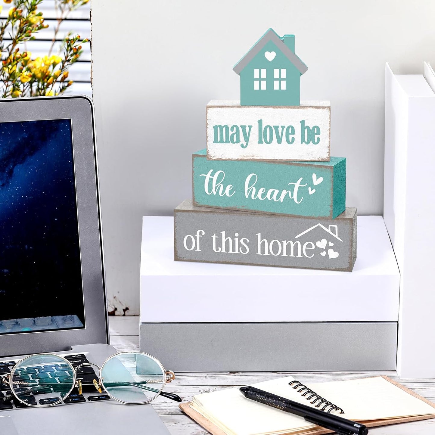 Farmhouse Wooden Tabletop Decor Home Tiered Tray Decor Rustic Pastel May Be Love The Heart of This Home Wood Sign Neutral Decorations for Coffee Shelf Desk Centerpiece Decoration