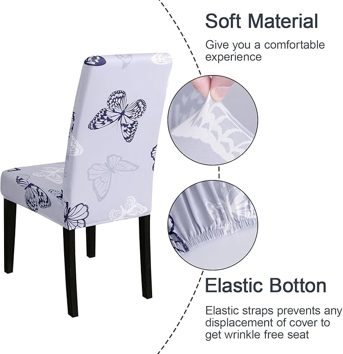 JQinHome Pattern Chair Covers for Dining Room Set of 6, High Stretch Removable Washable Parsons Chair Slipcover for Home Party Hotel Wedding Ceremony (Grey Butterfly,6PCS)