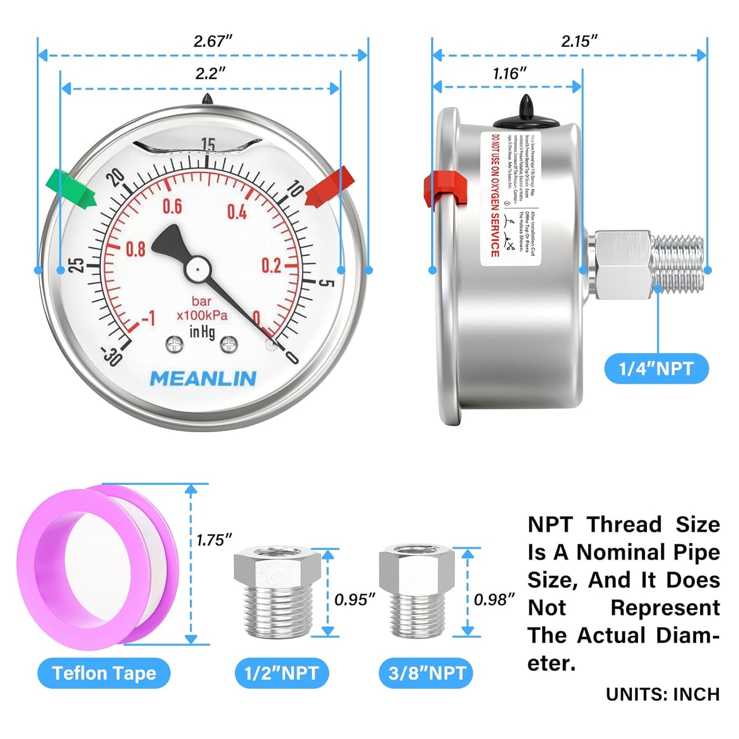 MEANLIN MEASURE -30inHG~0Psi Vacuum Pressure Gauge 316 Stainless Steel Joint 1/4" NPT 2.5" FACE DIAL, Liquid Filled Pressure Gauge WOG Water Oil Air Back Mount with Stainless Steel Hex Bushing, Snaps