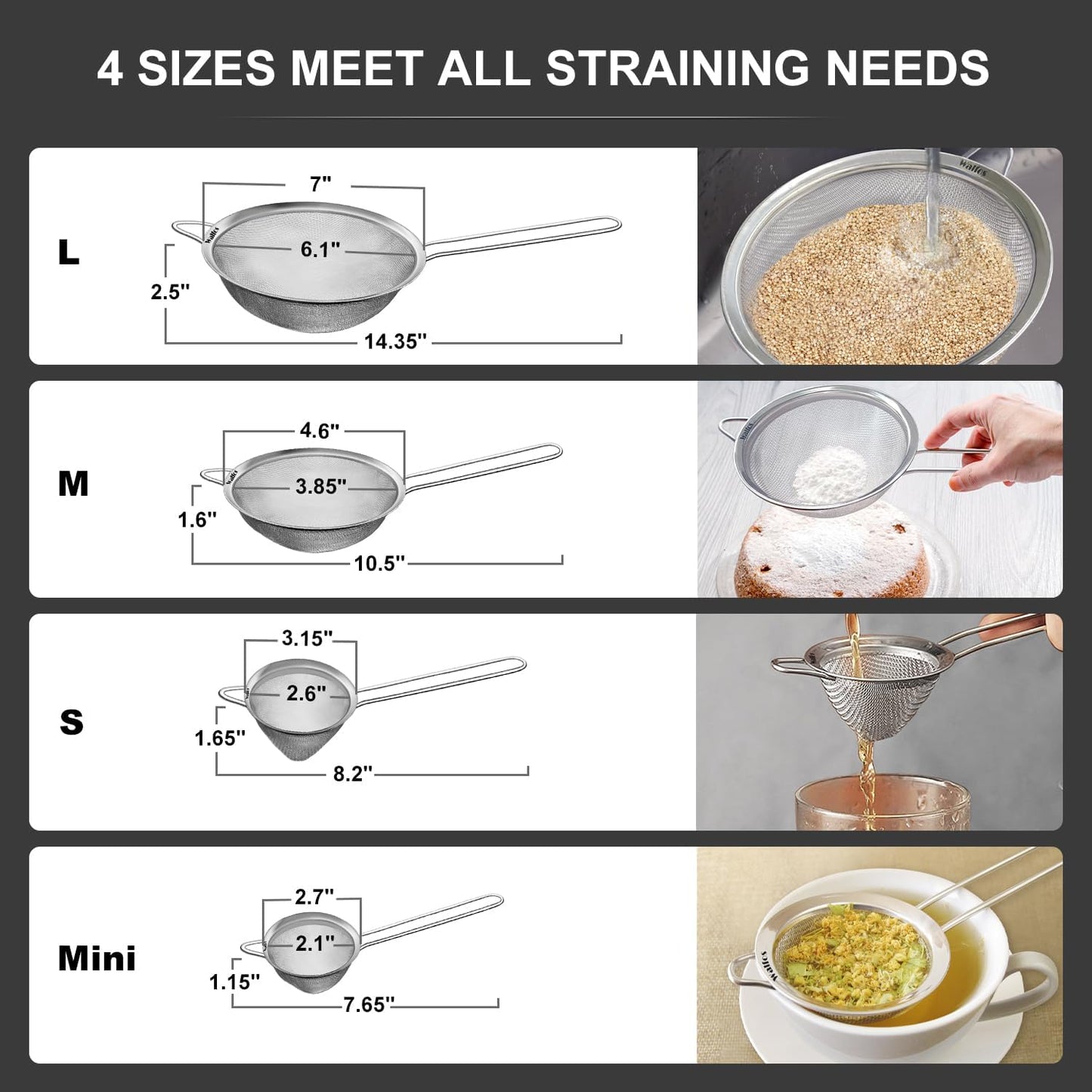 Walfos Fine Mesh Strainer 4PCS, Versatile Kitchen Strainer with Handle - 7", 4.6", 3.15", 2.7" Sieve Fine Mesh Stainless Steel, Metal Strainers and Sifters for Rice, Quinoa, Tea, Cocktail, Juice