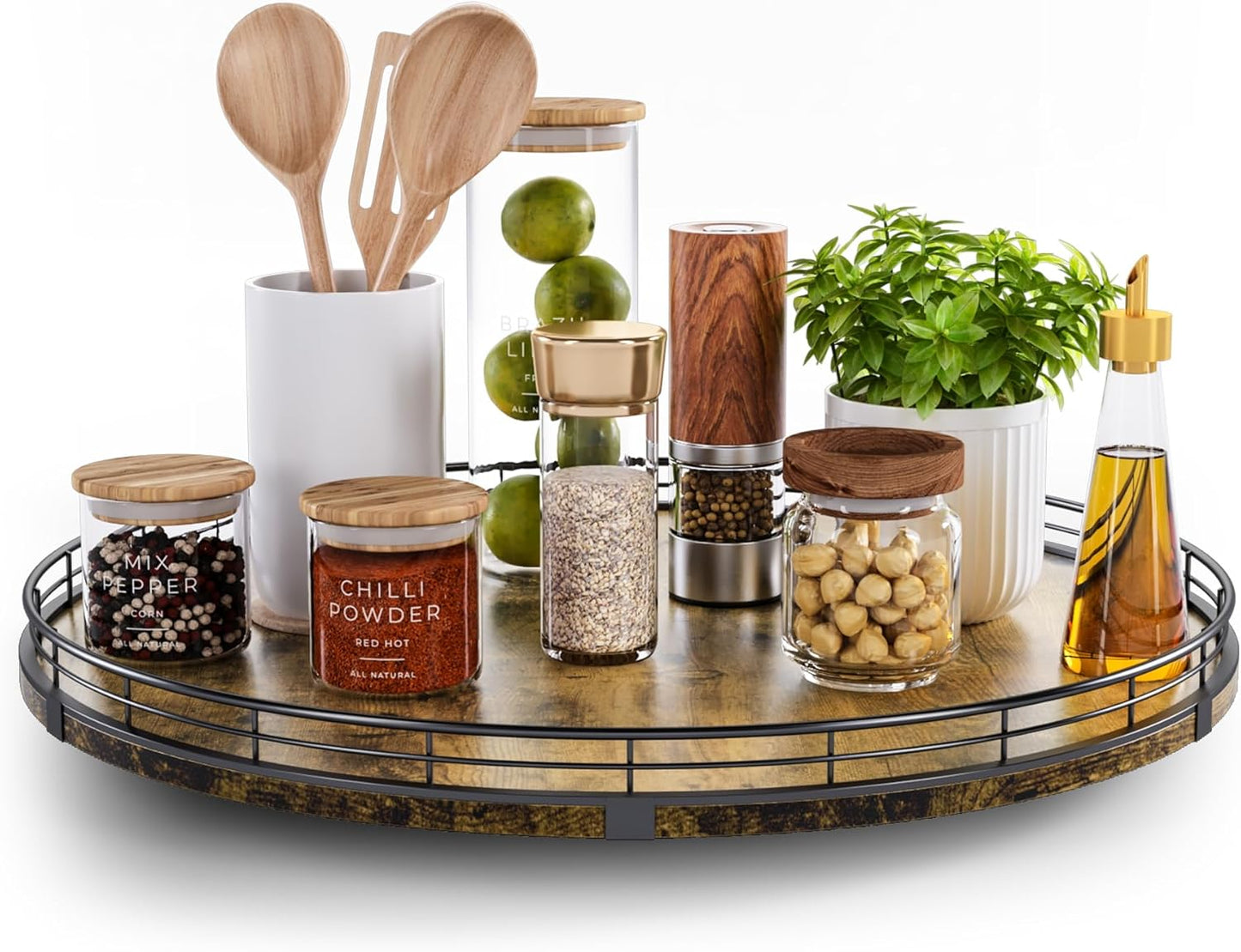 Lazy Susan Turntable Organizer for Table Top, 18’’ Round Wooden Lazy Susan for Cabinet Kitchen Countertop Pantry Dining Coffee Table for Condiments Spices, Rustic Bathroom Vanity Tray for Soap Candle