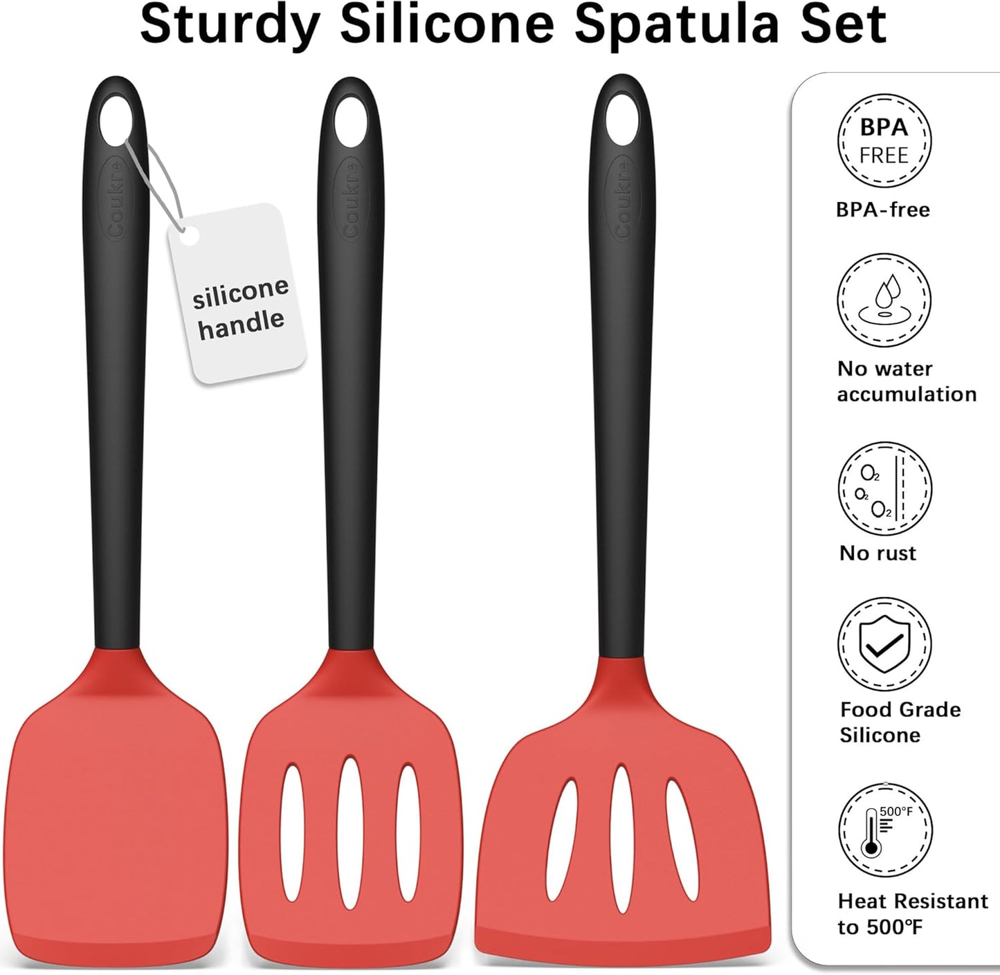 Coukre Silicone Spatula Set of 3, High Heat Resistant, BPA-Free, Kitchen Utensils, Fish Spatula, Solid & Slotted Turner for Non-Stick Pans, Flipping Eggs, Pancakes, Fish, Burgers (3, Red)