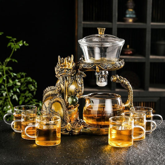 Glass Teapot Set with Infuser Semi Automatic Dragon Tea Set with 6 Small Cups (golden dragon)