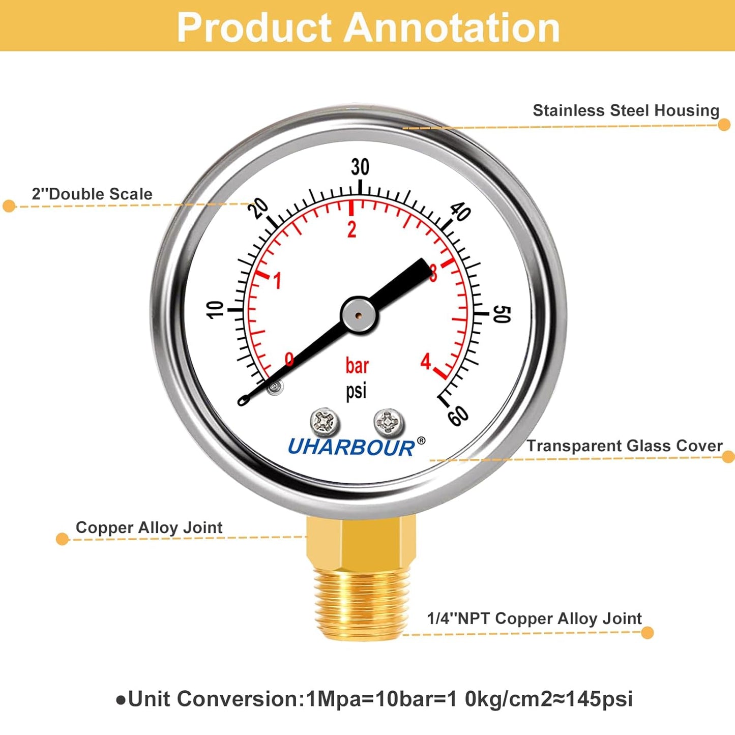 Lead-Free Water Pressure Gauge Liquid Filled 60 Psi 2" Dial, Stainless Steel Case, 1/4" NPT Lower Mount, Water Pressure Gauge for Home