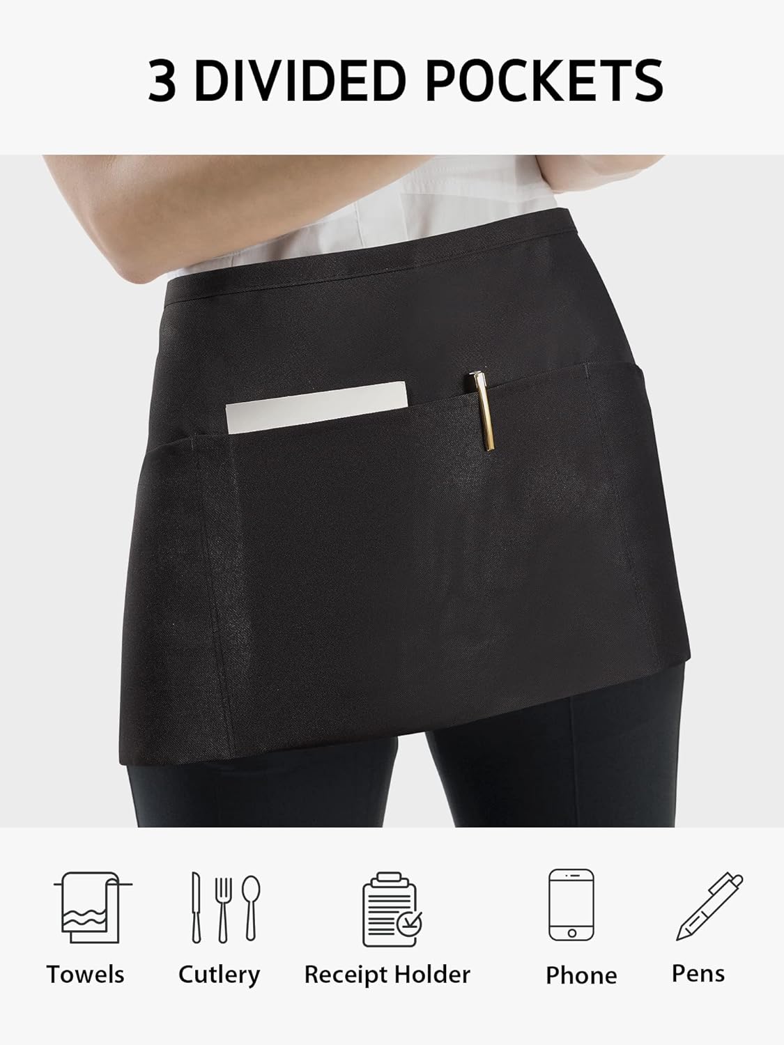 Syntus 2 Pack Server Apron with 3 Pockets, Waterdrop Resistant Waitress Waiter Waist Apron, 11.5-inch Black