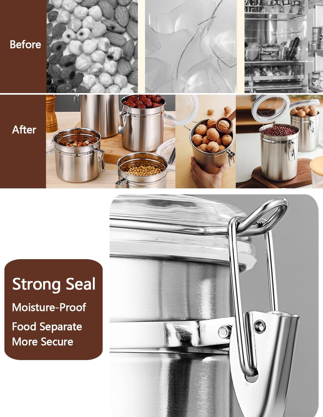 Stainless Steel Food Container with Clear Lids Airtight Storage Container Stackable Small Canisters Kitchen Pantry Storage for Cereal, Snacks, Candy, Herbs, Spices, Sugar, Tea (Silver)