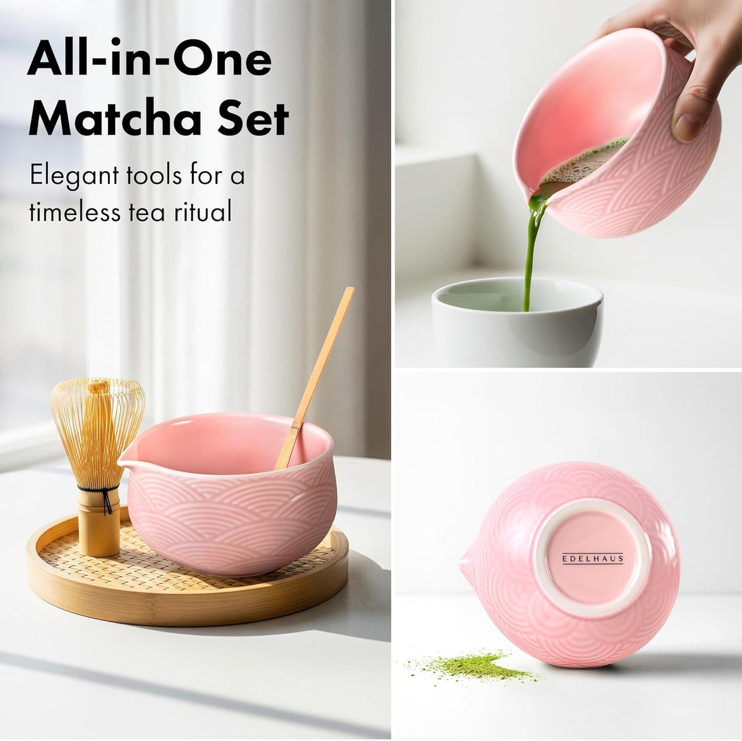 Matcha Whisk Set (7 Pcs) - Complete Matcha Set, Matcha Bowl with Spout, Whisk with Holder, Bamboo Scoop with Rest and Sifter, Perfect Kit for Matcha Lovers (Sakura Pink)