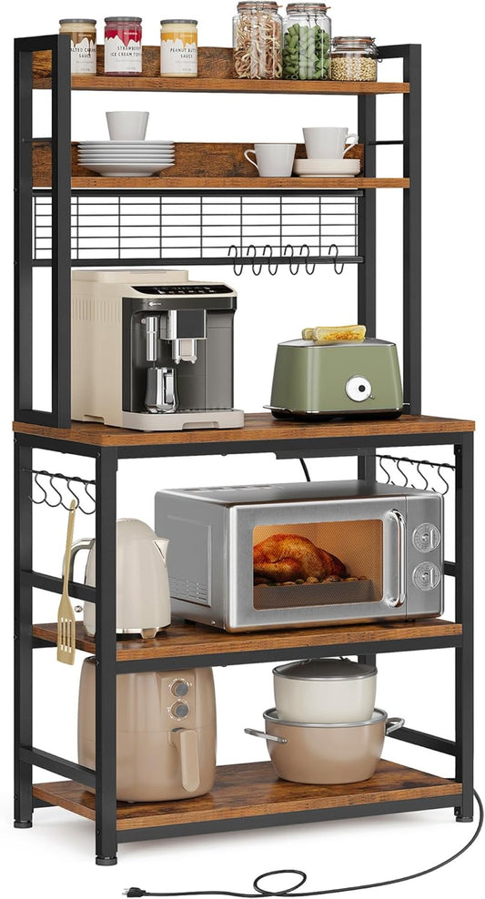 VASAGLE Hutch Bakers Rack with Power Outlet, 14 Hooks Microwave Stand, Adjustable Coffee Bar with Metal Wire Panel, Kitchen Storage Shelf, 15.7 x 31.5 x 66.9 Inches, Rustic Brown and Black UKKS025B01