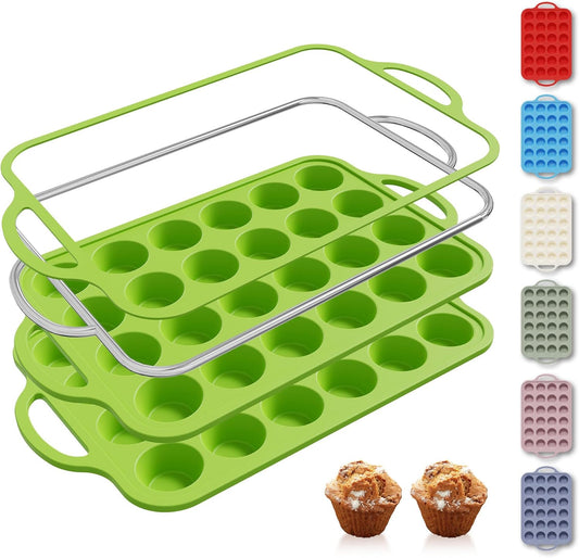 2 Packs 24 Cups Silicone Muffin Pan with Metal Reinforced Frame Mini Size Cupcake Pan Tray Egg Bites Silicone Circle Cookie Molds Muffin Tin Tart Pans Baking Sheet Set for Breakfast Sandwiches