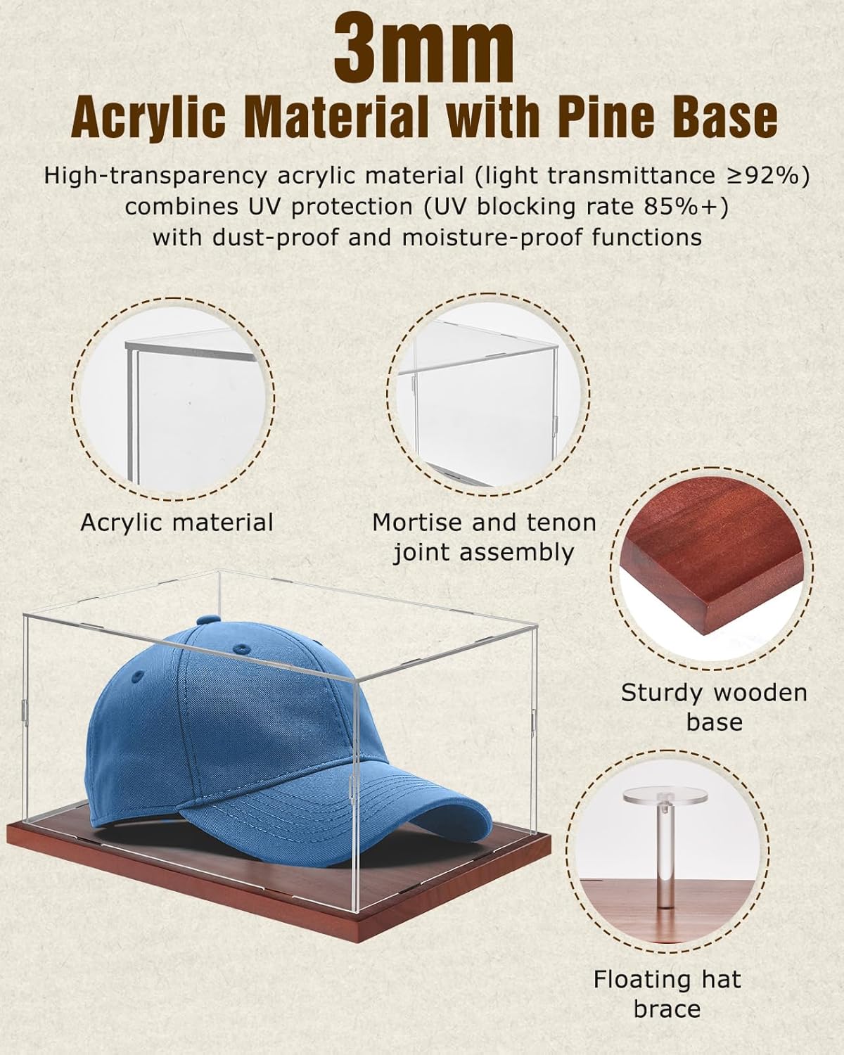 Hat Display Case, Acrylic Baseball Cap Display Box, UV Fade Protection, Solid Wood Base & Cap Shaper, Signed Hat Collector's Showcase, for Cap Enthusiasts, 11.8" x 7.8" x 5.9"