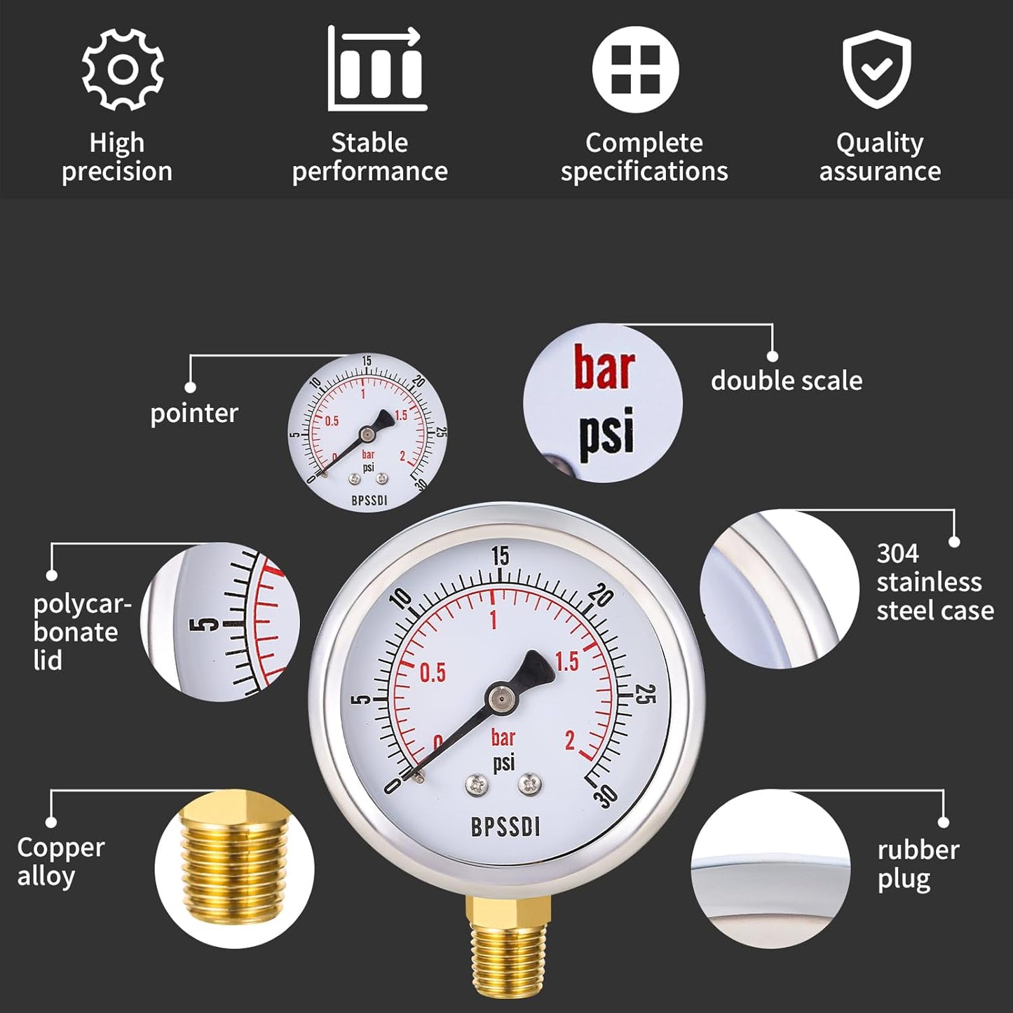 0-30 Psi Low Pressure Gauge, 2.5" Dial Size, 1/4" NPT Lower Mount, 304 Stainless Steel Case, Water Pressure Gauge Test for Water Pipe, HVAC(with Tape)