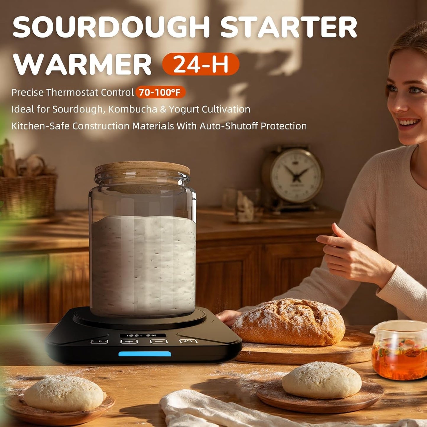Sourdough Starter Warmer Mat - 24H Timer - Precise 1°F Thermostat Control (70-100°F) - Smart Memory Warming On/Off - Fits Jars Up to 40oz - Perfect for Home Baking (Black)