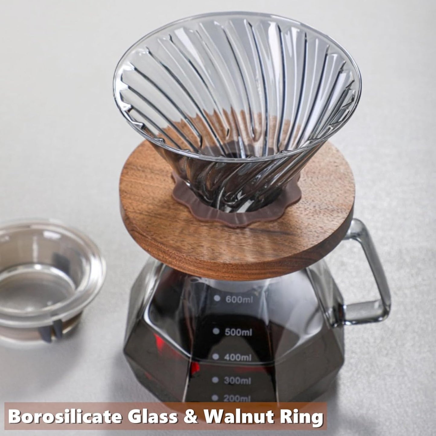 Pour Over Coffee Maker Set 20 oz, 600 ml Borosilicate Glass Coffee Server with Glass Lid, 50 pcs Paper Filter, Walnut Handle Pour Over Coffee Dripper for Home Café Restaurant,Gray