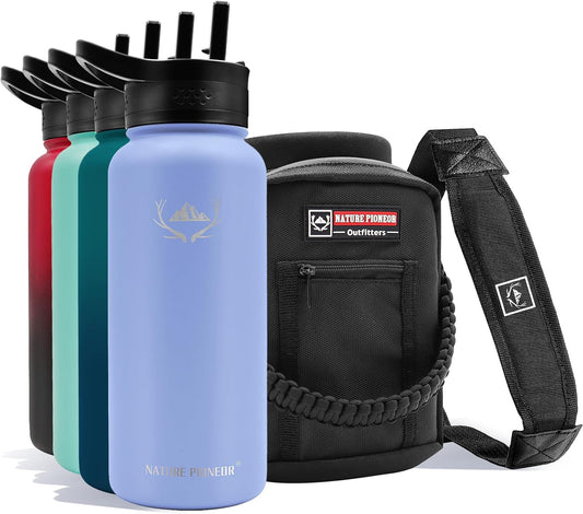 NATURE PIONEOR Insulated Water Bottles with Straw - 32oz Stainless Steel Vacuum Bottle with Holder/Carrier/Sleeve - Reusable 18/8 Food Grade 32 oz Water Jug