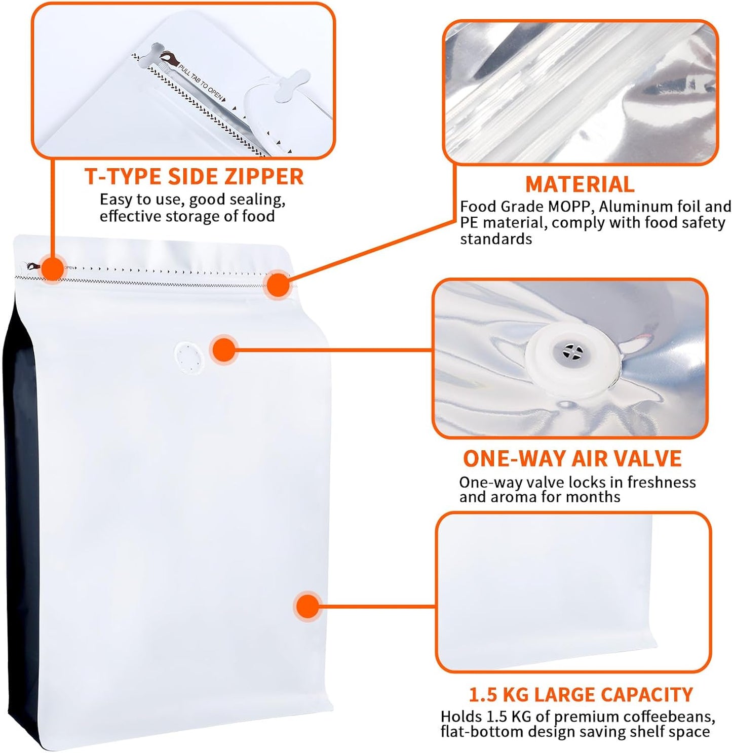 New 1.5 KG Large Capacity Coffee Bags with Valve (50 PCS) White Sides Black High Barrier Aluminum Foil Flat Bottom Standing Coffee Beans Storage Packaging Bags, Reusable Heat Seal Side Zipper Pouches