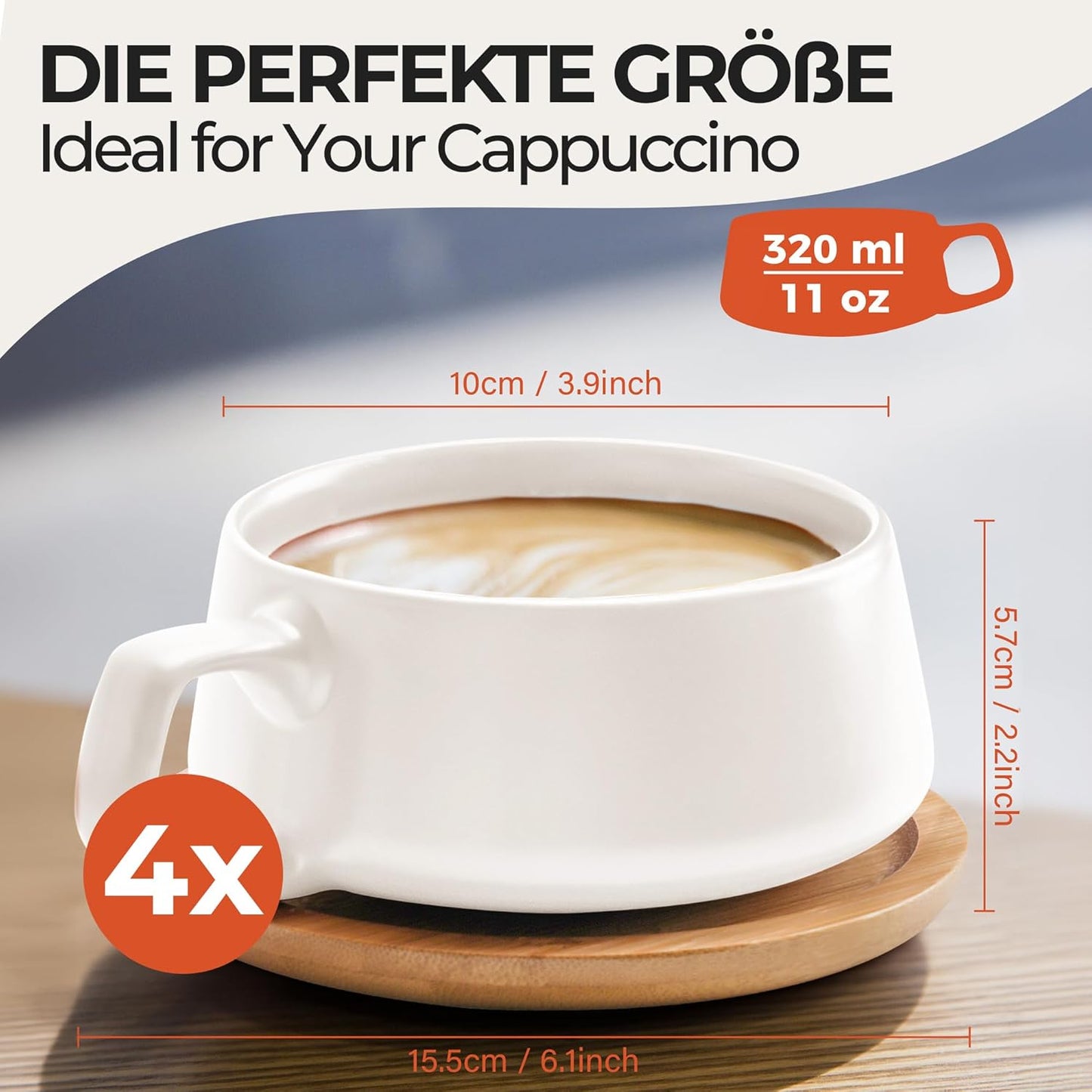 MIAMIO – 11 Oz., Set of 4 Ceramic Tea Cup and Saucer Bamboo/Tea Mug - Wide Cappuccino Cup, Coffee Cups Ceramic Mug for Cappuccino, Latte, Espresso & Americano - Luxe Collection (White)