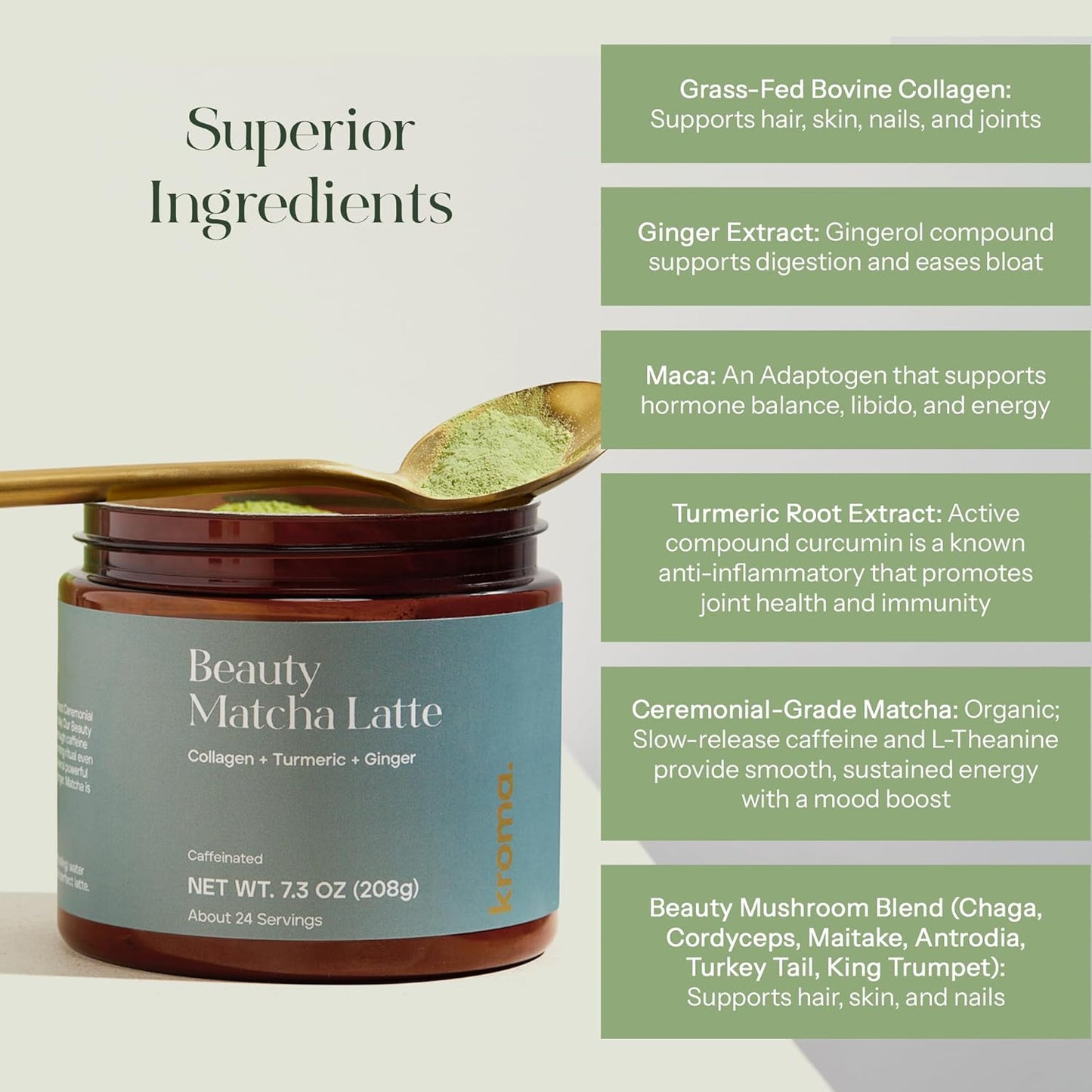 Kroma’s Beauty Matcha Latte Powder 7.18 Oz, 204g, 24 Servings – Collagen Ceremonial Grade Matcha Green Tea with Protein for Glowing Skin & Hair Support w/ Bovine Collagen, Ginger & Turmeric - Premium Matcha Powder w/ Adaptogenic Mushrooms