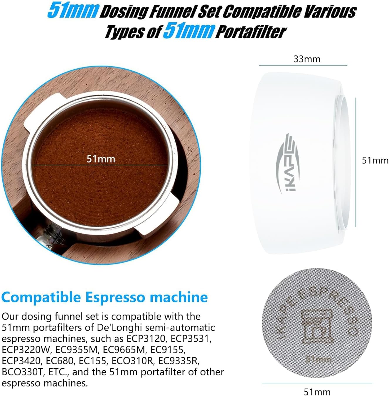 IKAPE Magnetic Dosing Funnel Set, 51MM Espresso Dosing Ring & Puck Screen Kit Compatible with Delonghi 51MM Bottomless Portafilter - with 8 Small Magnet (White)