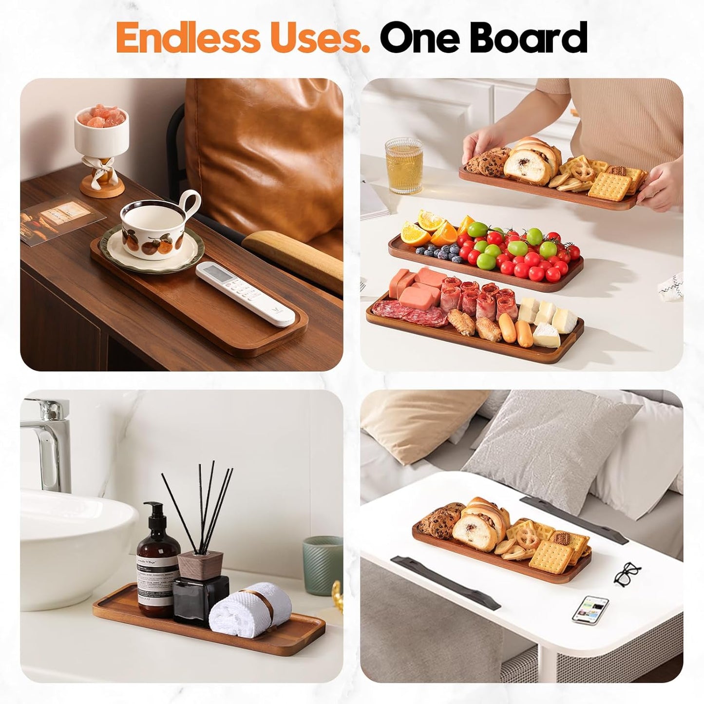 Solid Acacia Wood Serving Trays and Platters - Wooden Mini Charcuterie Boards, Rectangle Small Cheese Board for Food, Bathroom, Home Decor, Kitchen Counter, (14"x5.5", 3 Pack)