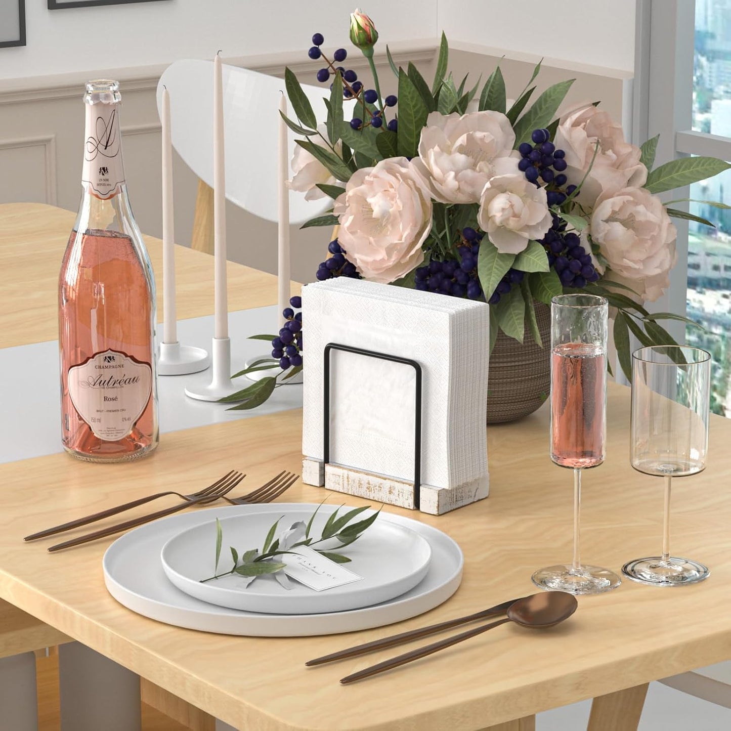 Napkin Holder for Table, Wood Iron Standing Napkin Dispenser for Dining Table Farmhouse Cocktail Picnic Rustic Wood Holders All Kitchen Dining Room Decor Black & Farmhouse White