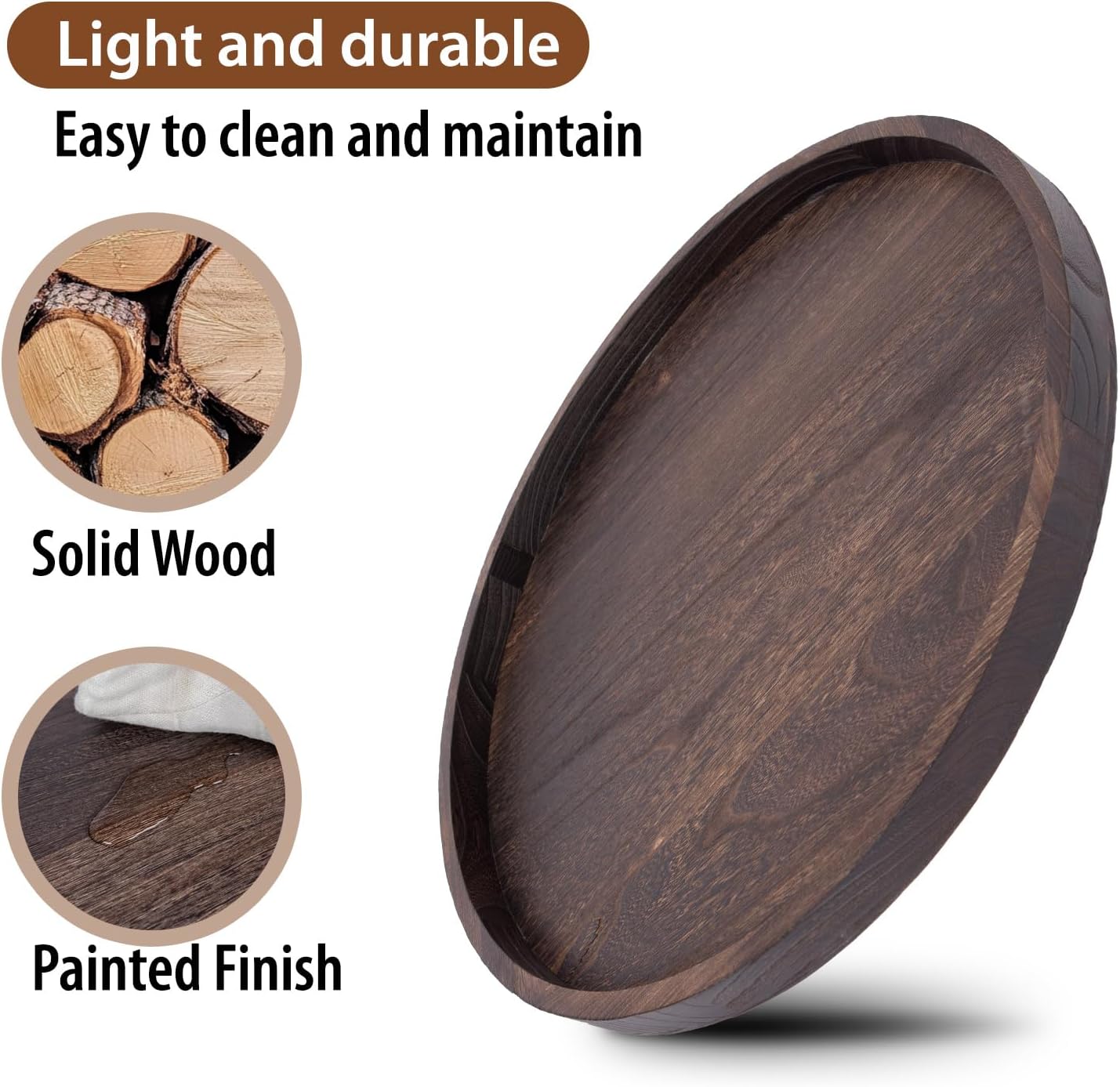 Round Ottoman Tray for Coffee Table Living Room Wood Serving Tray Large Wooden 24 Inches Rustic Brown