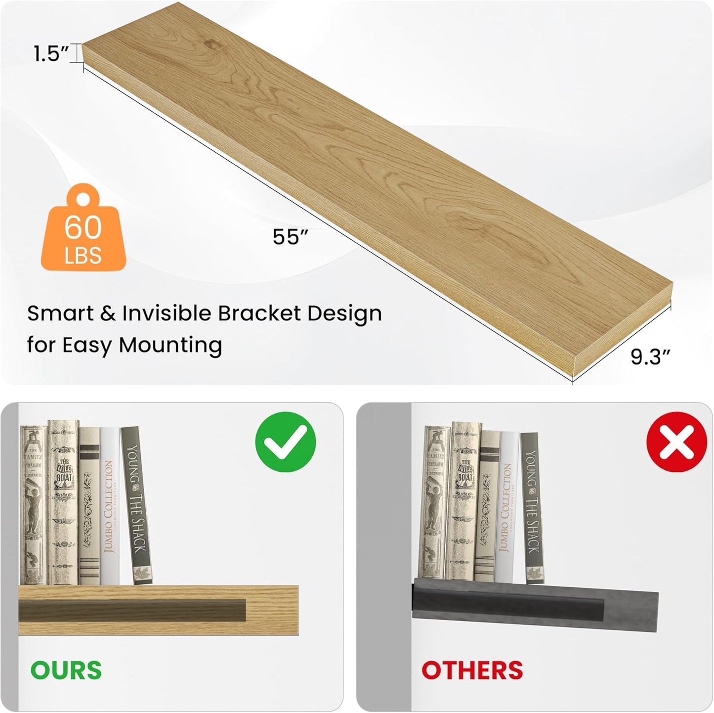 Floating Shelves for Wall, 55"W x 9.3"D x 1.5"H, Long Wooden Wall Mounted Display Shelves with Invisible Brackets for Living Room, Bedroom, Bathroom, Kitchen Decor and Storage, Set of 1, Oak