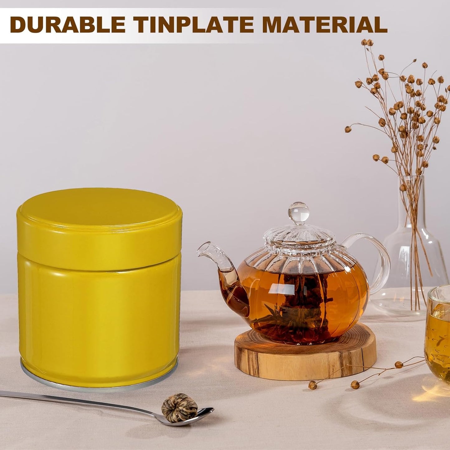 uxcell 2Pcs Round Tea Canisters, 3" x 3" Airtight Metal Tea Containers for Loose Tea, Coffee Beans, Spices - Durable, Compact, and Stylish Storage Tea Tin (Yellow)