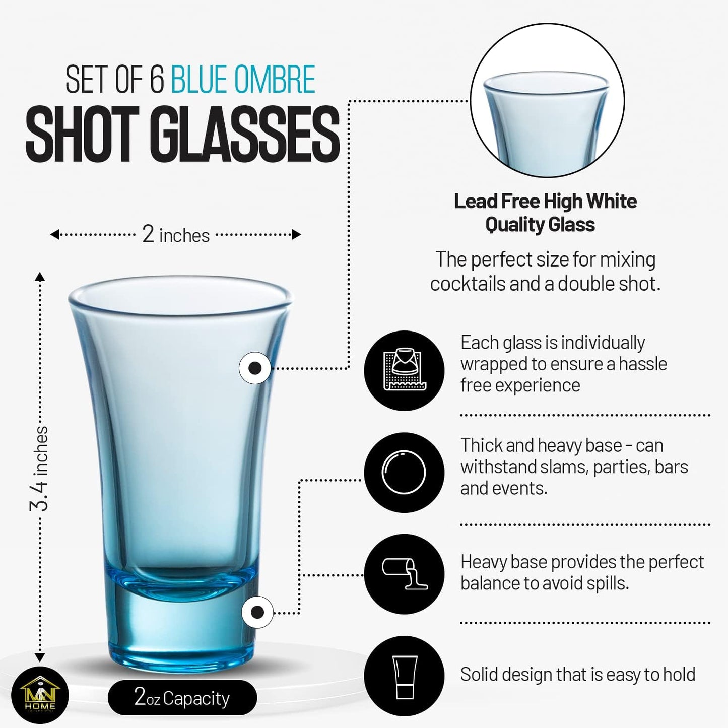 M&N HOME Ombre Blue Shot Glass Set, 2 Oz Set of 6 Colored Shot shot glasses, Whiskey Glasses, Tequila Shot Glasses, Cocktail Glasses, Round Shot Glasses for Vodka, Spirits & Liquor (Gradient Blue)